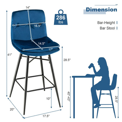 2 Pieces 29 Inch Velvet Bar Stools Set with Tufted Back and Footrests, Blue Bar Stools   at Gallery Canada