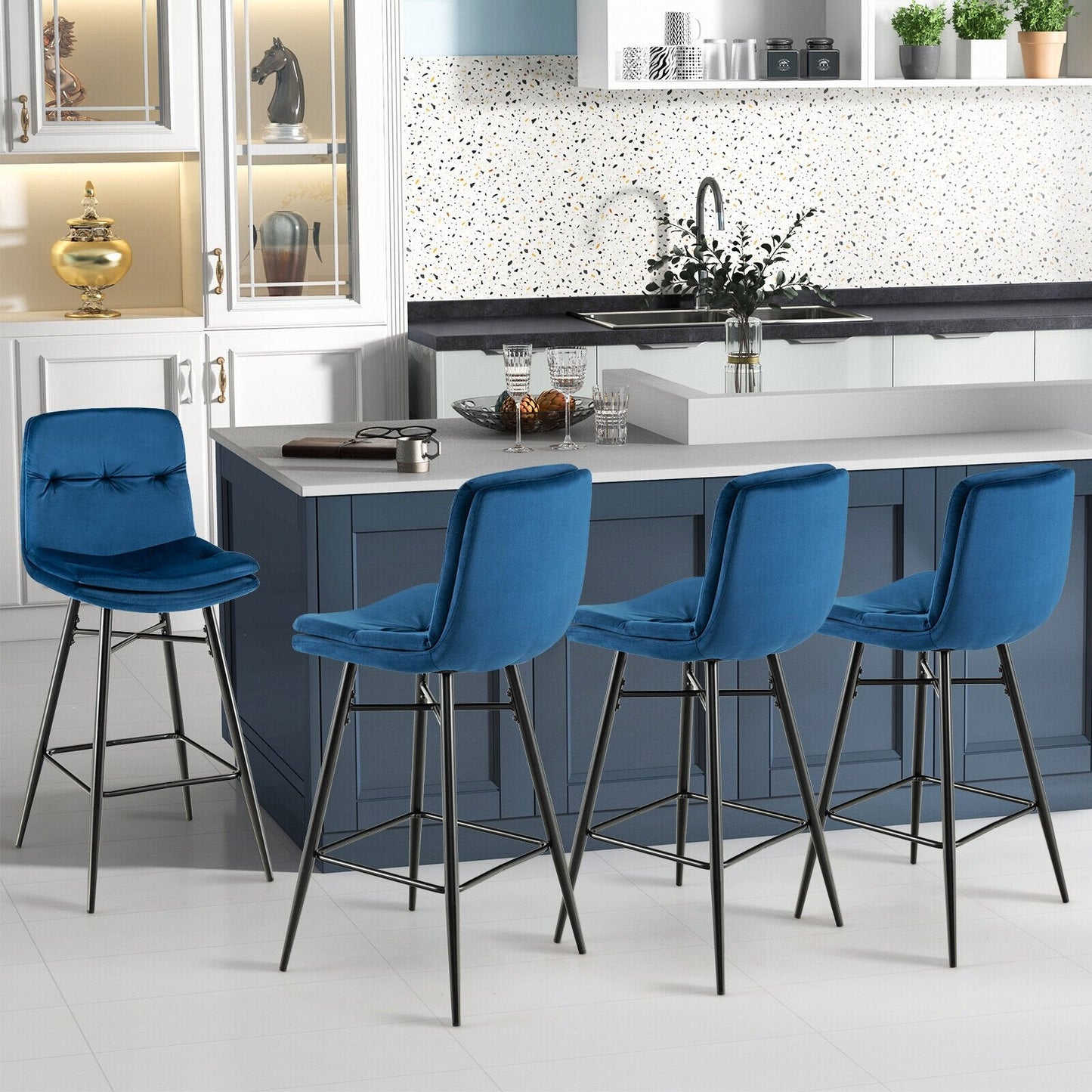 2 Pieces 29 Inch Velvet Bar Stools Set with Tufted Back and Footrests, Blue Bar Stools   at Gallery Canada