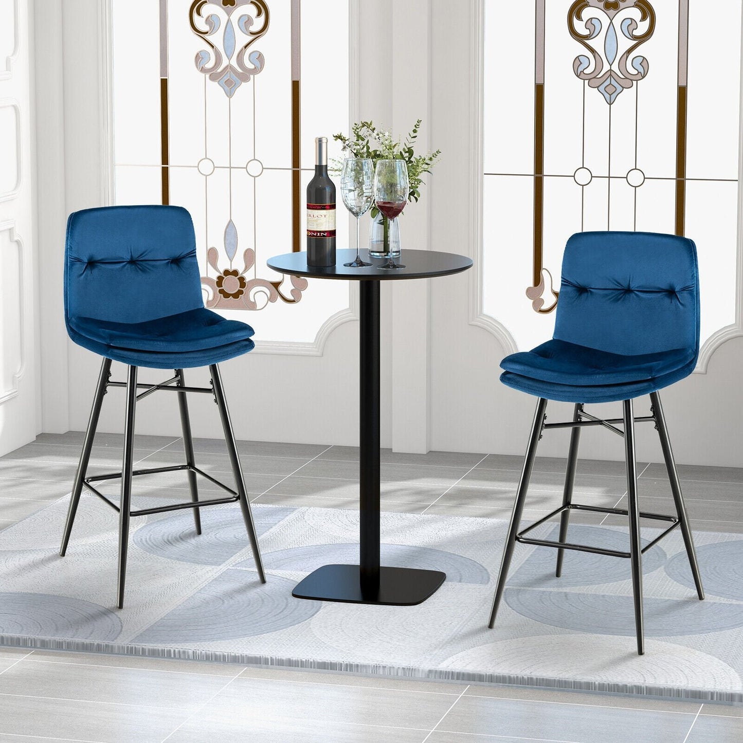 2 Pieces 29 Inch Velvet Bar Stools Set with Tufted Back and Footrests, Blue Bar Stools   at Gallery Canada