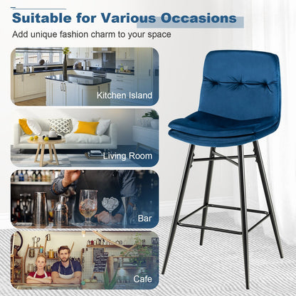 2 Pieces 29 Inch Velvet Bar Stools Set with Tufted Back and Footrests, Blue Bar Stools   at Gallery Canada