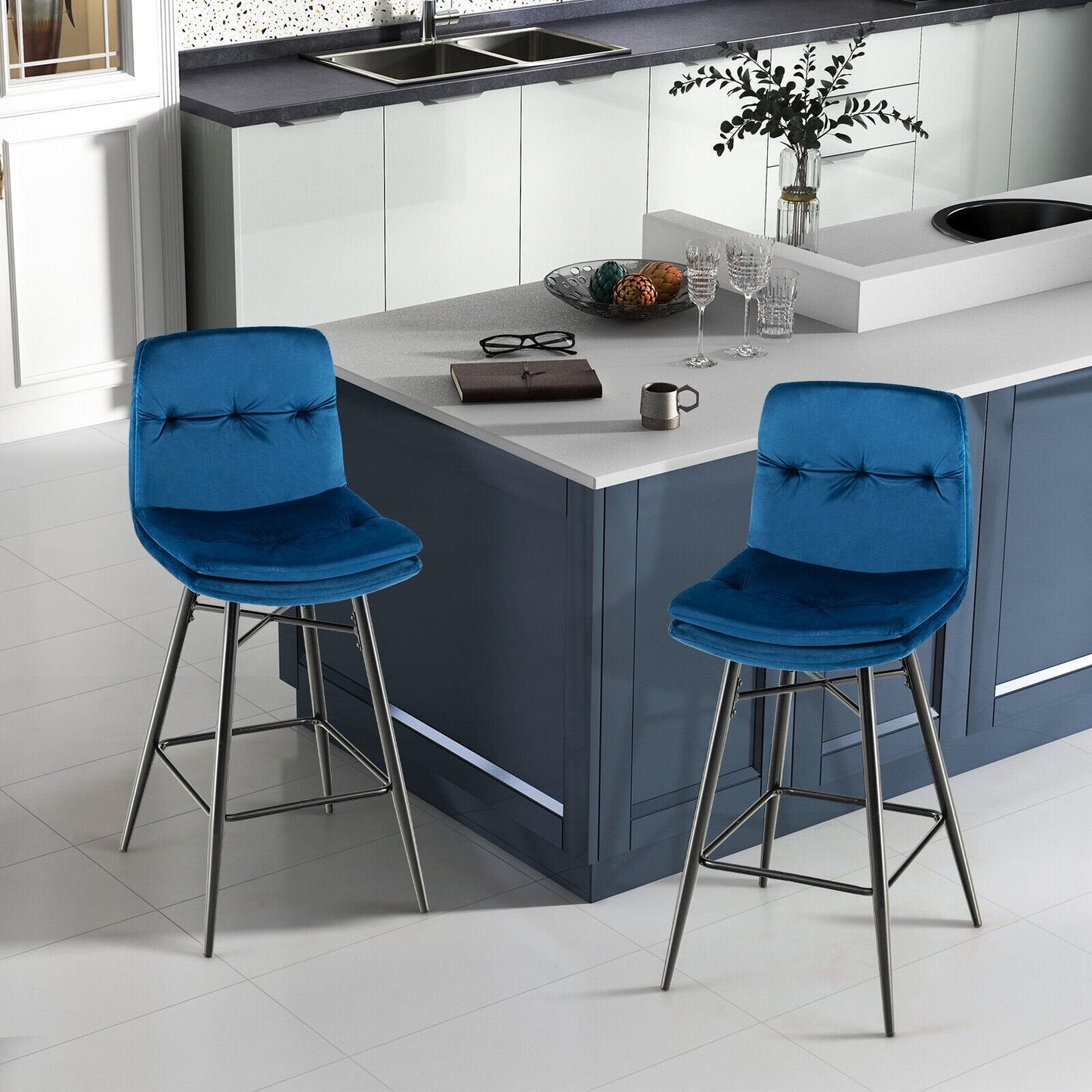 2 Pieces 29 Inch Velvet Bar Stools Set with Tufted Back and Footrests, Blue Bar Stools   at Gallery Canada