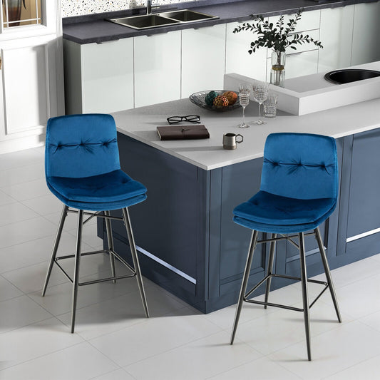 2 Pieces 29 Inch Velvet Bar Stools Set with Tufted Back and Footrests, Blue Bar Stools   at Gallery Canada