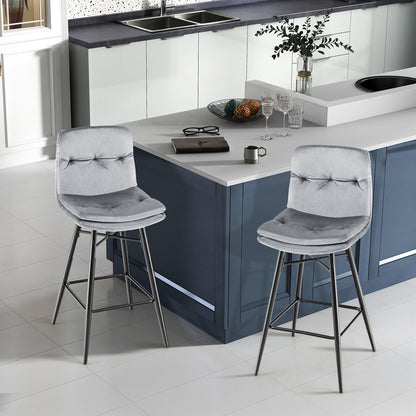 2 Pieces 29 Inch Velvet Bar Stools Set with Tufted Back and Footrests, Gray Bar Stools   at Gallery Canada