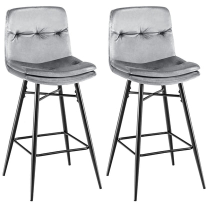 2 Pieces 29 Inch Velvet Bar Stools Set with Tufted Back and Footrests, Gray Bar Stools   at Gallery Canada