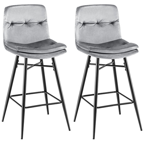 2 Pieces 29 Inch Velvet Bar Stools Set with Tufted Back and Footrests, Gray