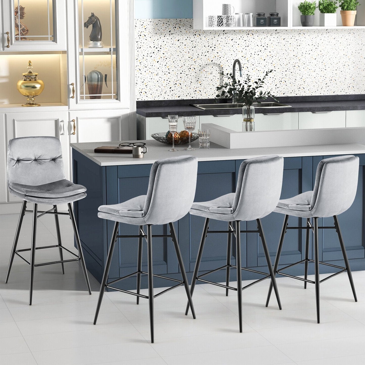 2 Pieces 29 Inch Velvet Bar Stools Set with Tufted Back and Footrests, Gray Bar Stools   at Gallery Canada