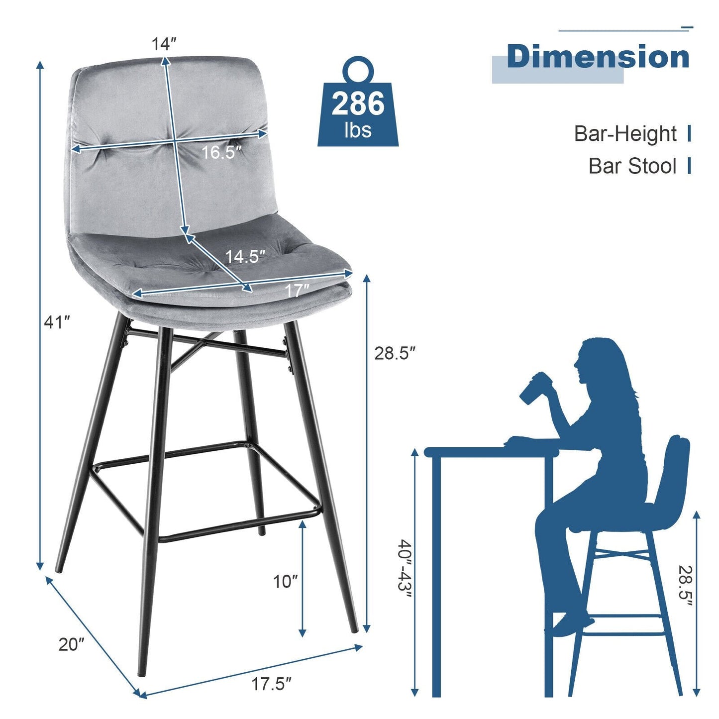 2 Pieces 29 Inch Velvet Bar Stools Set with Tufted Back and Footrests, Gray Bar Stools   at Gallery Canada