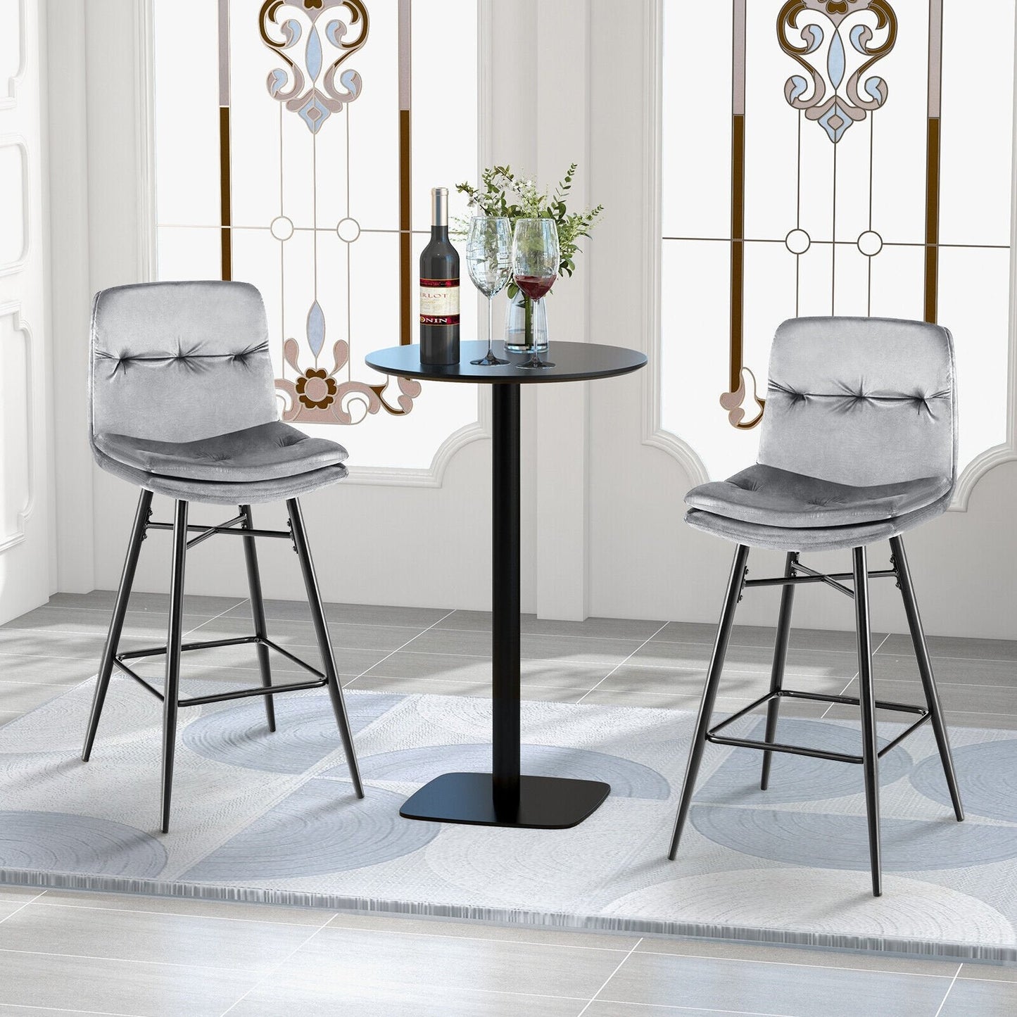 2 Pieces 29 Inch Velvet Bar Stools Set with Tufted Back and Footrests, Gray Bar Stools   at Gallery Canada