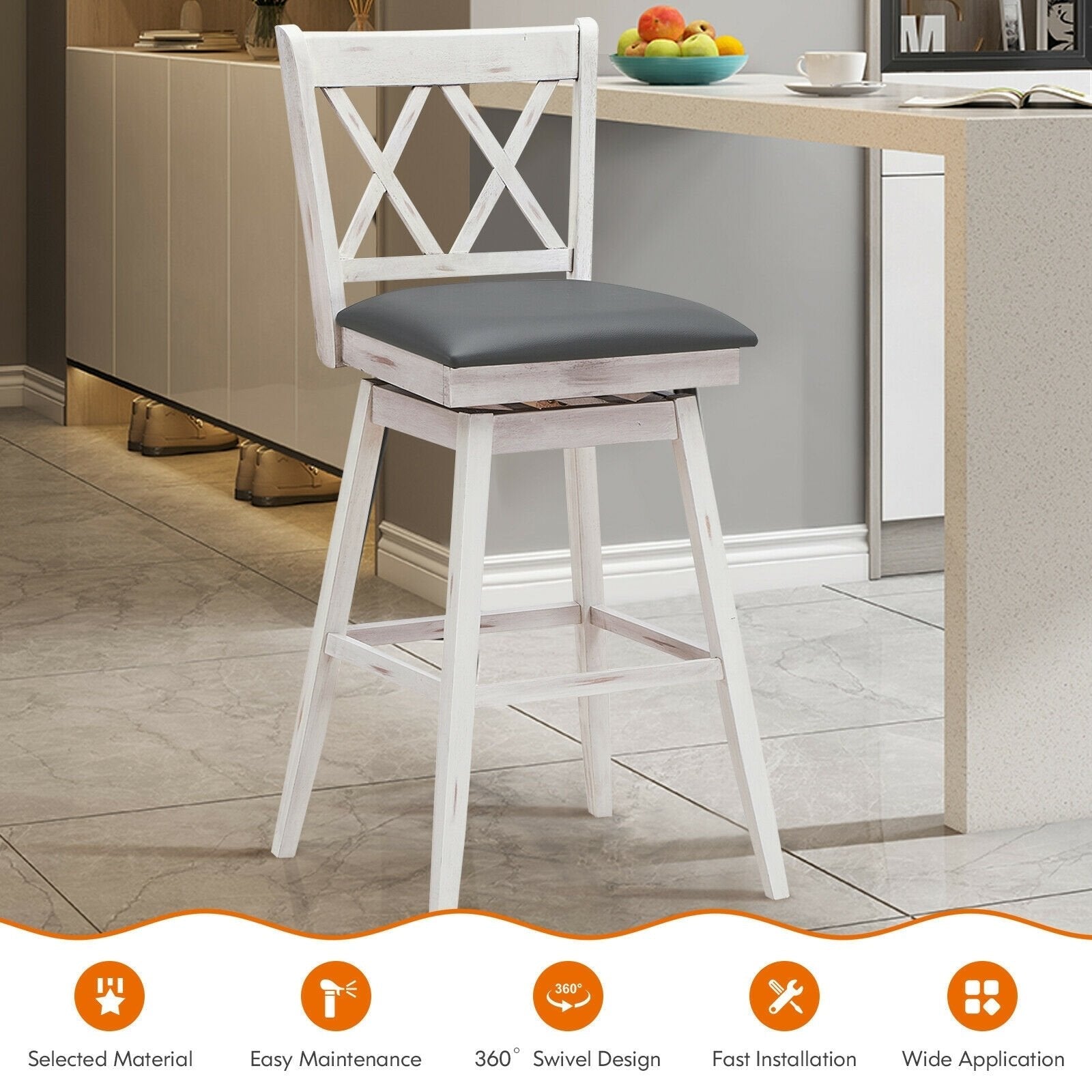 2 Pieces 29 Inches Swivel Counter Height Barstool Set with Rubber Wood Legs, White Bar Stools   at Gallery Canada