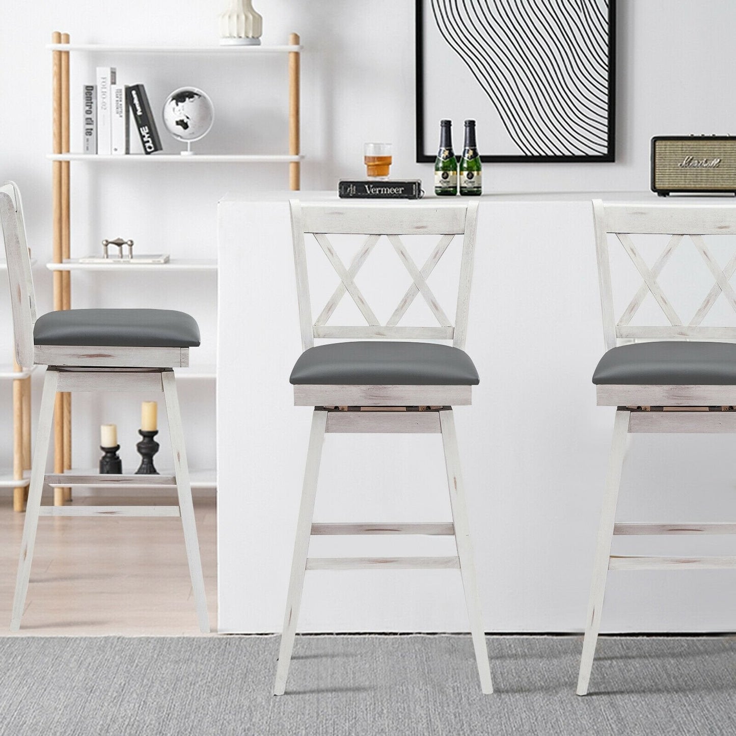 2 Pieces 29 Inches Swivel Counter Height Barstool Set with Rubber Wood Legs, White Bar Stools   at Gallery Canada