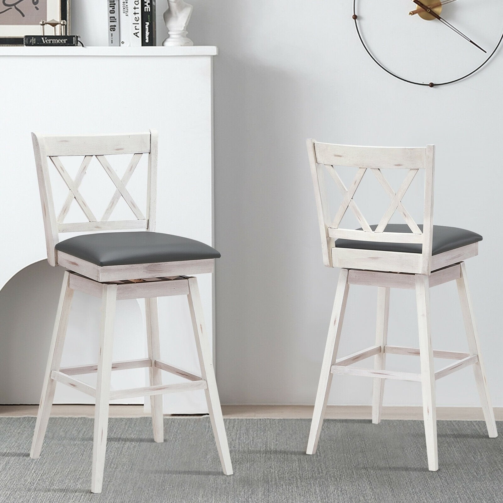 2 Pieces 29 Inches Swivel Counter Height Barstool Set with Rubber Wood Legs, White Bar Stools   at Gallery Canada