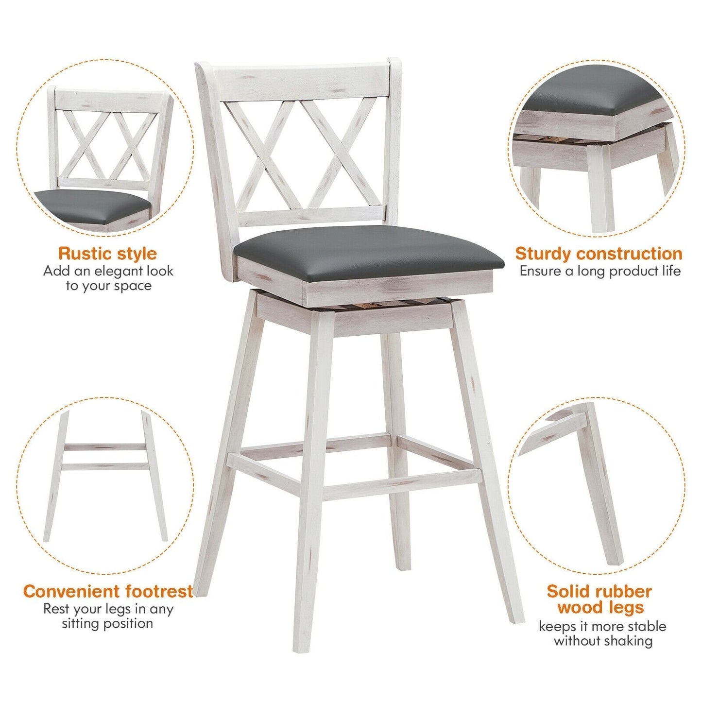 2 Pieces 29 Inches Swivel Counter Height Barstool Set with Rubber Wood Legs, White Bar Stools   at Gallery Canada