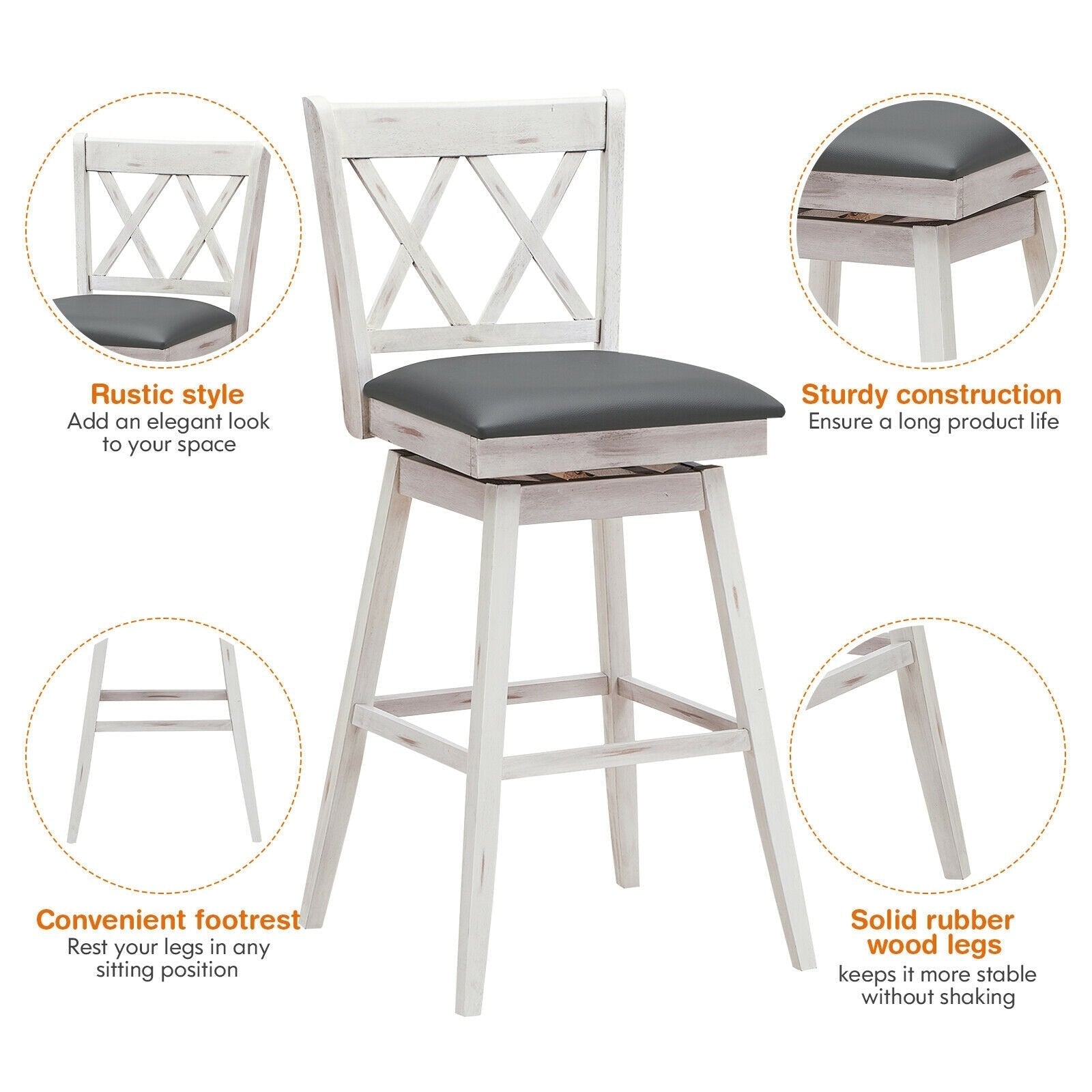 2 Pieces 29 Inches Swivel Counter Height Barstool Set with Rubber Wood Legs, White Bar Stools   at Gallery Canada