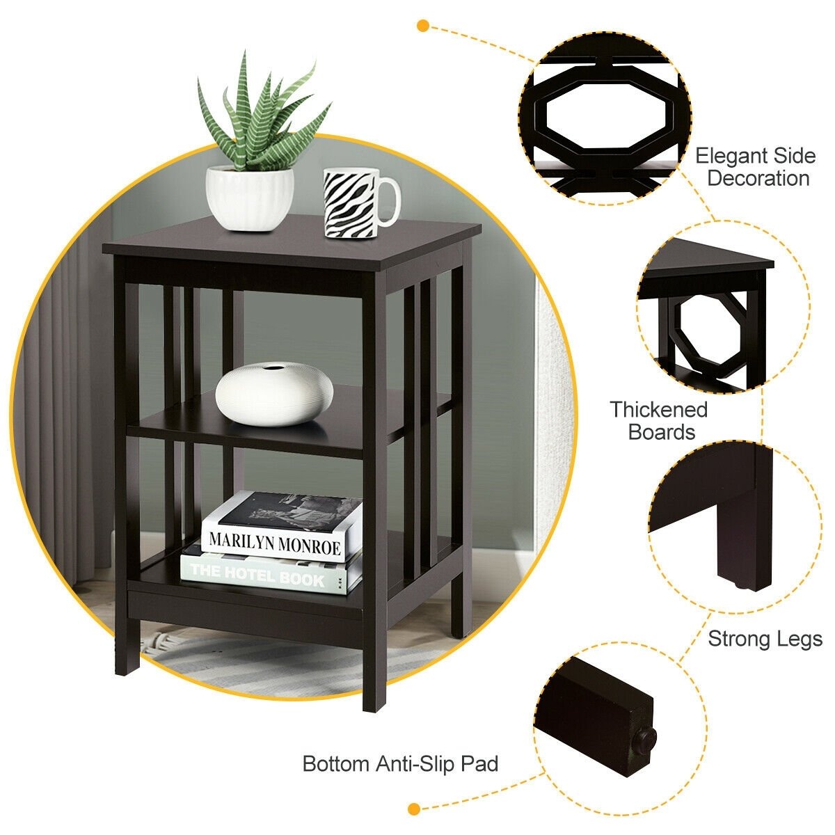 2 Pieces 3-tier Nightstand Sofa Side End Accent Table Storage Display Shelf, Espresso Nightstands   at Gallery Canada