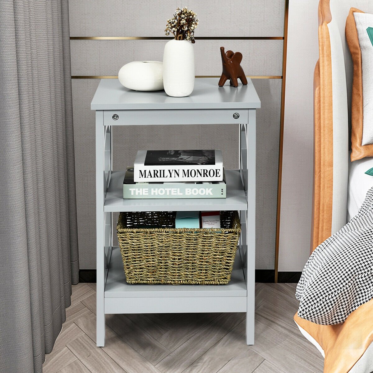 2 Pieces 3-tier Nightstand Sofa Side End Accent Table Storage Display Shelf, Gray Nightstands   at Gallery Canada