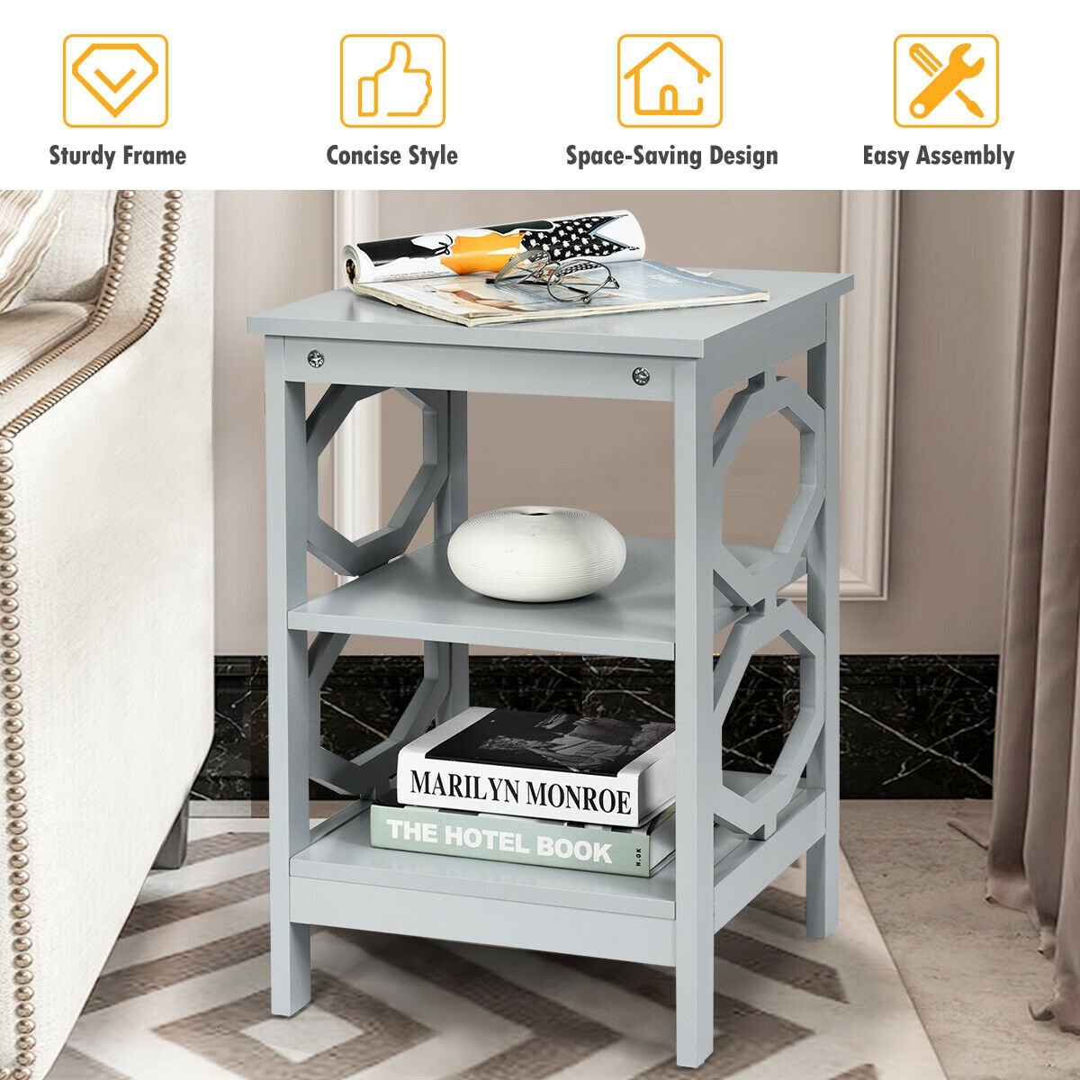 2 Pieces 3-tier Nightstand Sofa Side End Accent Table Storage Display Shelf, Gray Nightstands   at Gallery Canada