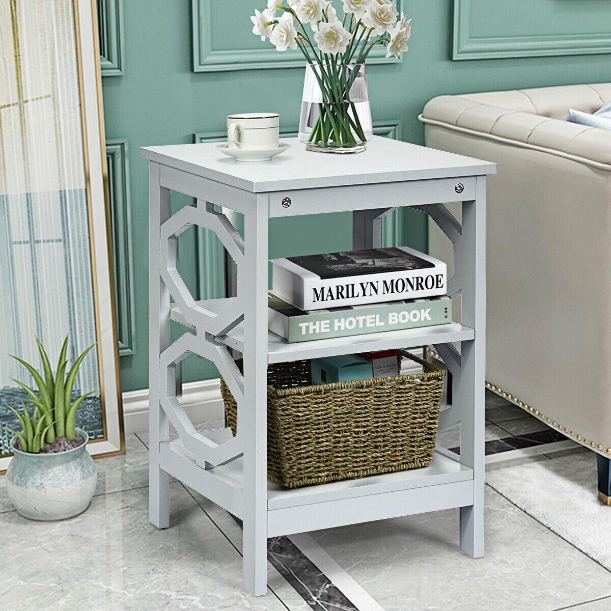 2 Pieces 3-tier Nightstand Sofa Side End Accent Table Storage Display Shelf, Gray Nightstands   at Gallery Canada