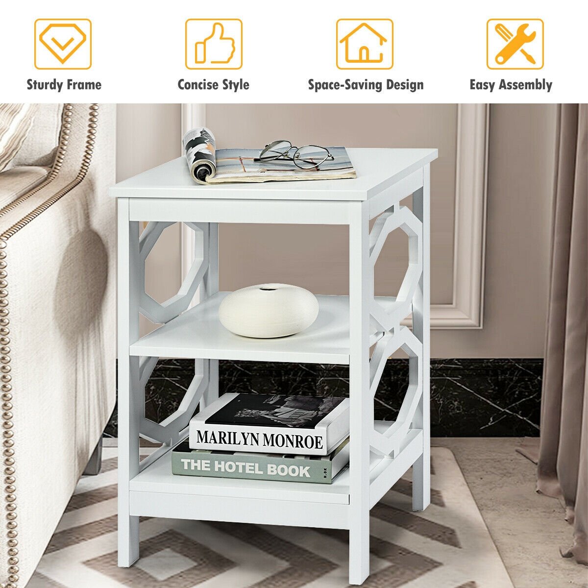 2 Pieces 3-tier Nightstand Sofa Side End Accent Table Storage Display Shelf, White Nightstands   at Gallery Canada