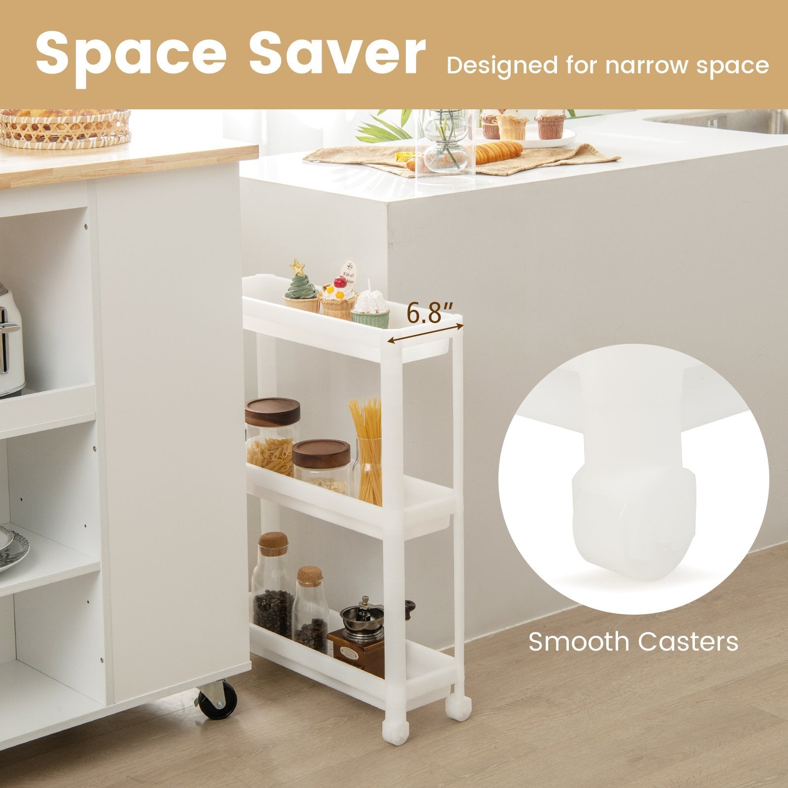 2 Pieces 3-Tier Slim Detachable Storage Cart with Drainage Holes and Wheels, White Kitchen Islands & Carts   at Gallery Canada