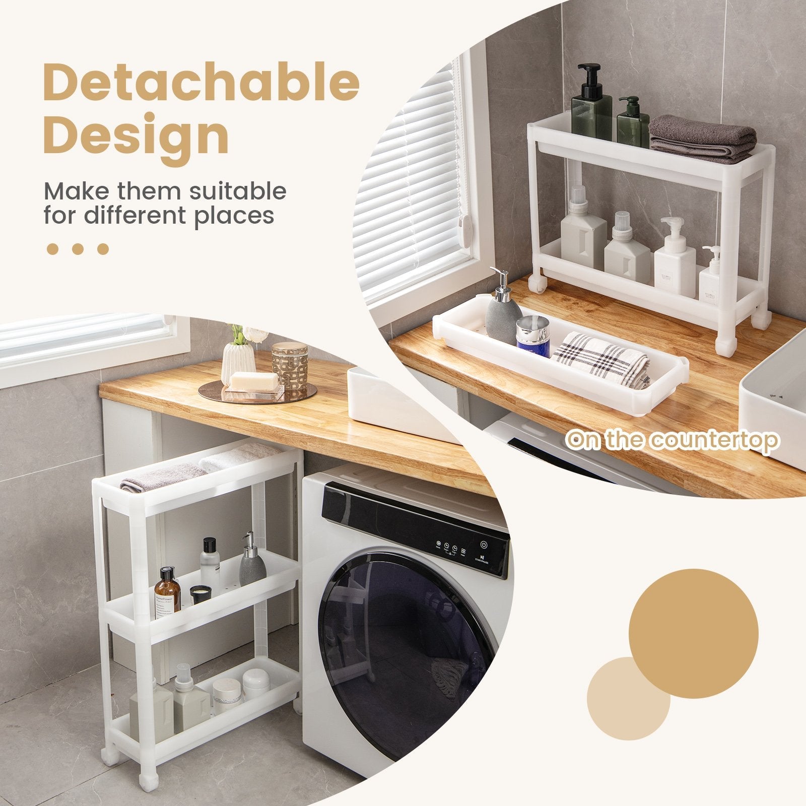 2 Pieces 3-Tier Slim Detachable Storage Cart with Drainage Holes and Wheels, White Kitchen Islands & Carts   at Gallery Canada