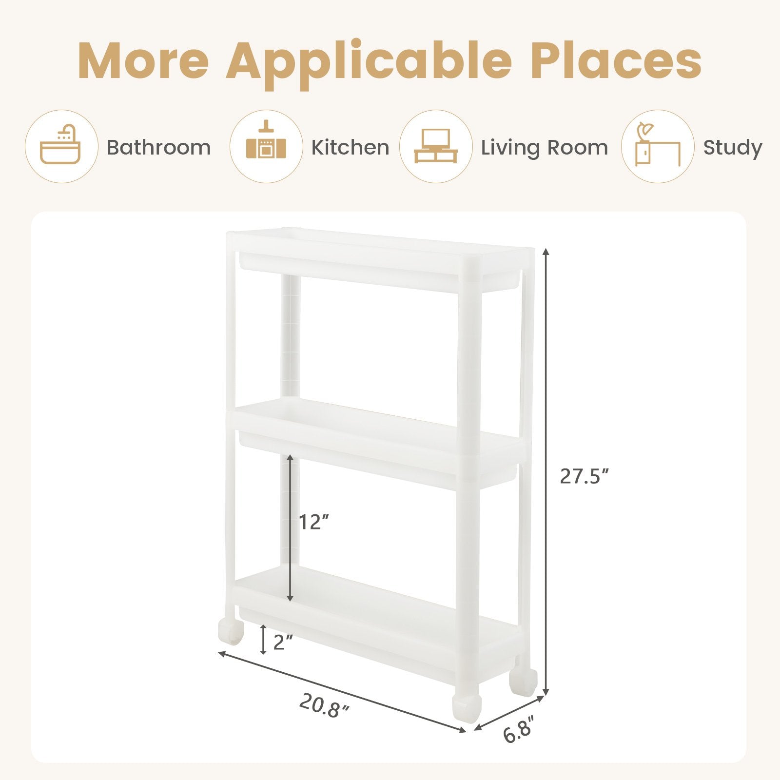 2 Pieces 3-Tier Slim Detachable Storage Cart with Drainage Holes and Wheels, White Kitchen Islands & Carts   at Gallery Canada