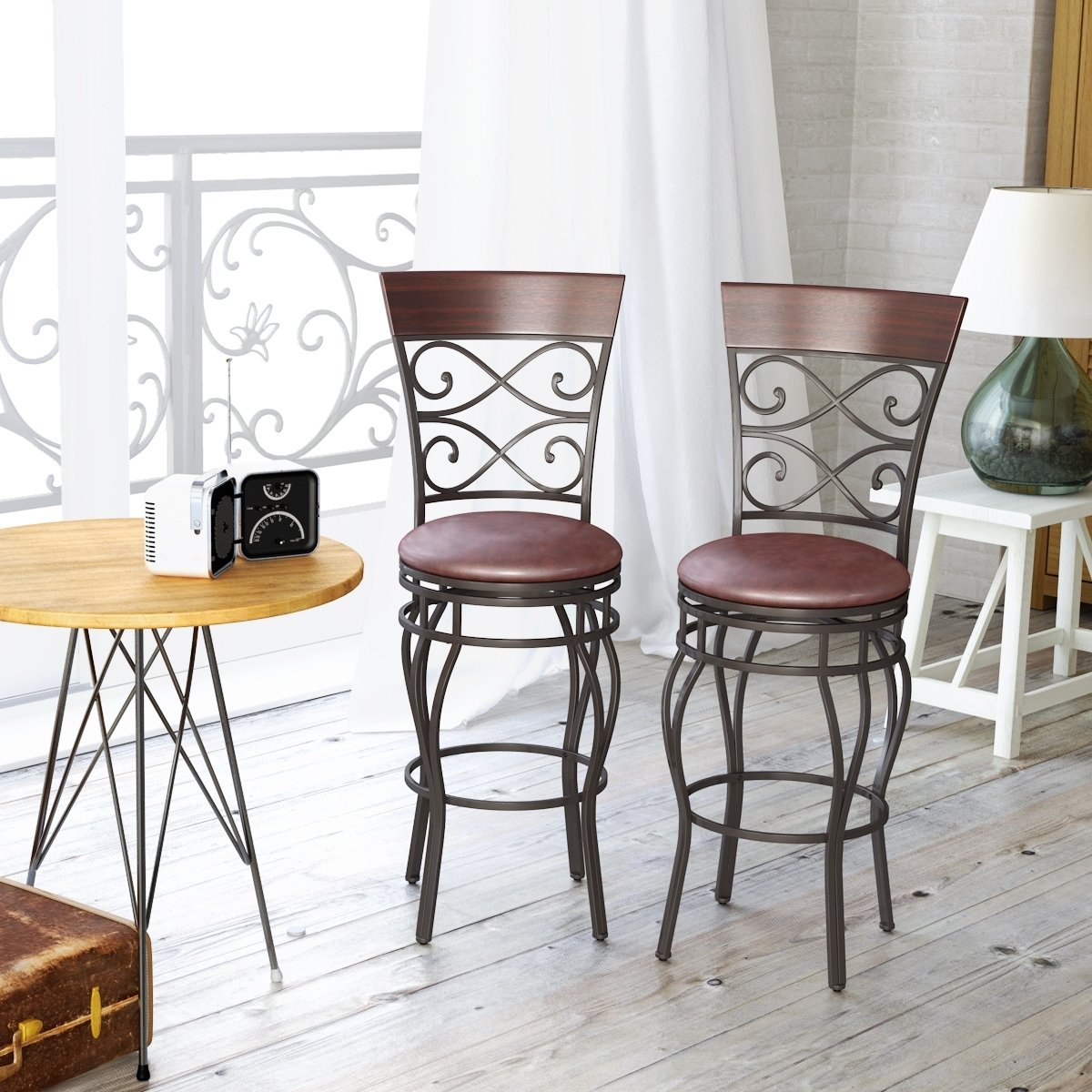 2 Pieces 30 Inch 360 Degree Swivel Bar Stools with Leather Padded Seat, Brown Bar Stools   at Gallery Canada