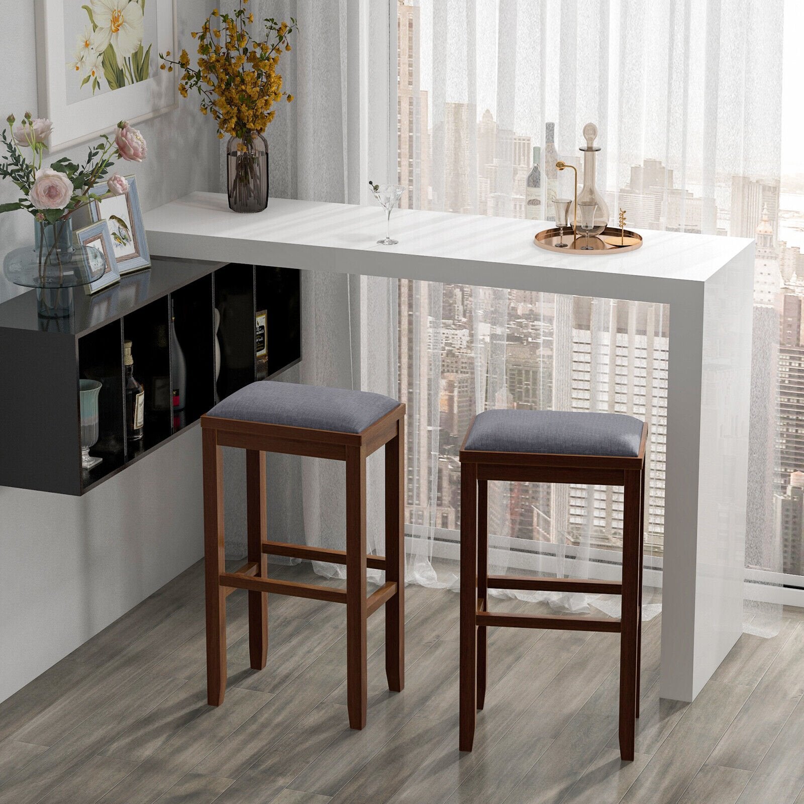 2 Pieces 31 Inch Upholstered Bar Stool Set with Solid Rubber Wood Frame and Footres, Brown Bar Stools   at Gallery Canada