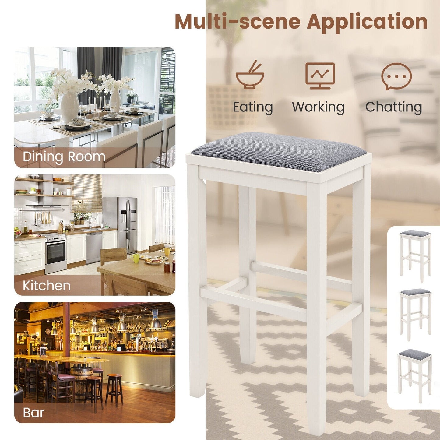 2 Pieces 31 Inch Upholstered Bar Stool Set with Solid Rubber Wood Frame and Footres, White Bar Stools   at Gallery Canada