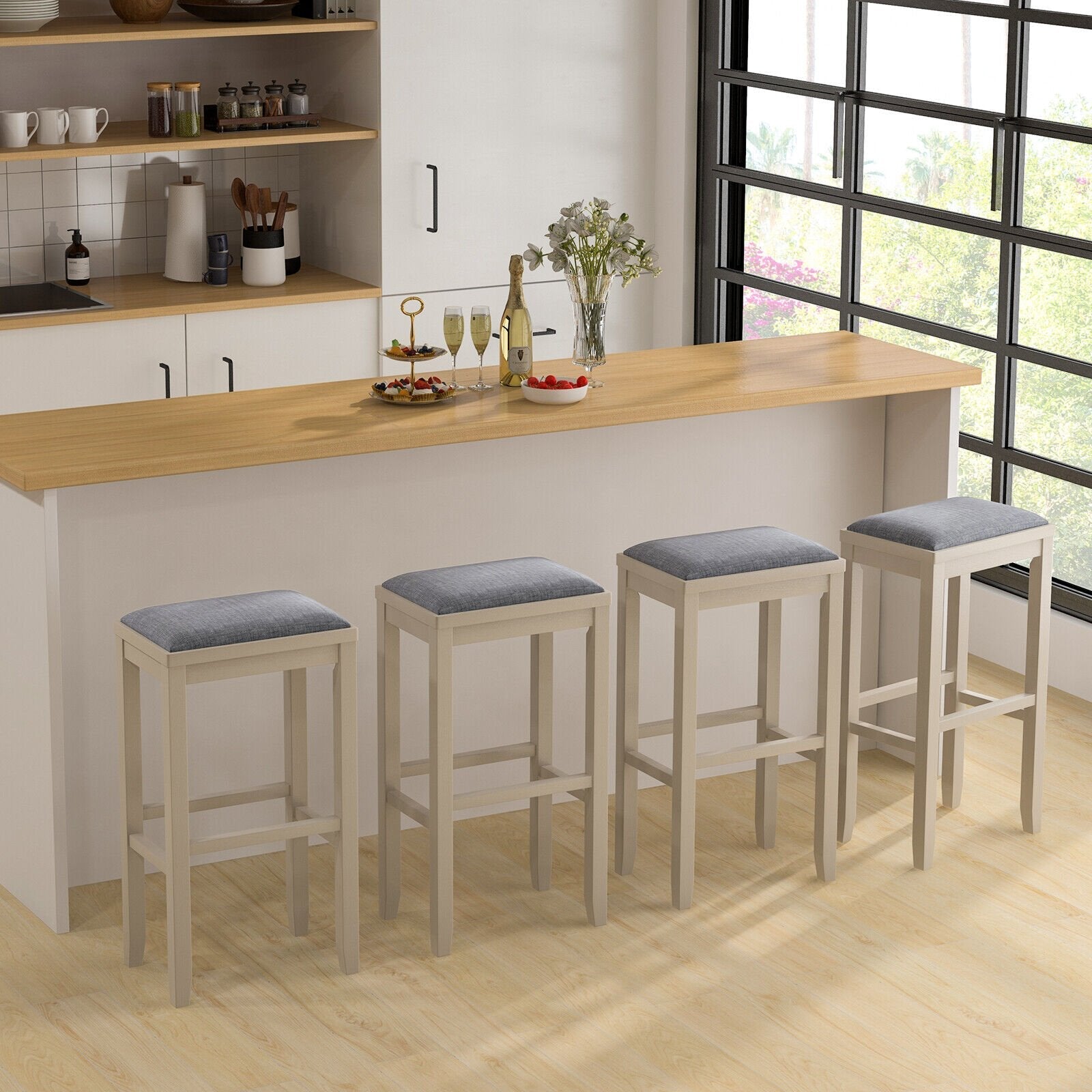 2 Pieces 31 Inch Upholstered Bar Stool Set with Solid Rubber Wood Frame and Footres, White Bar Stools   at Gallery Canada