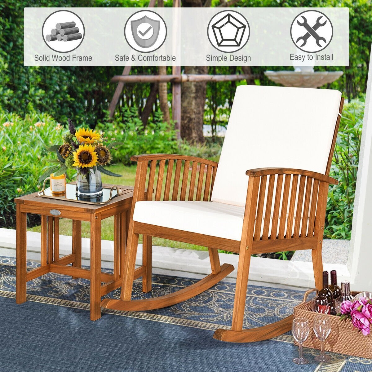 2 Pieces Acacia Wood Patio Rocking Chair Table Set, Brown Patio Conversation Sets   at Gallery Canada