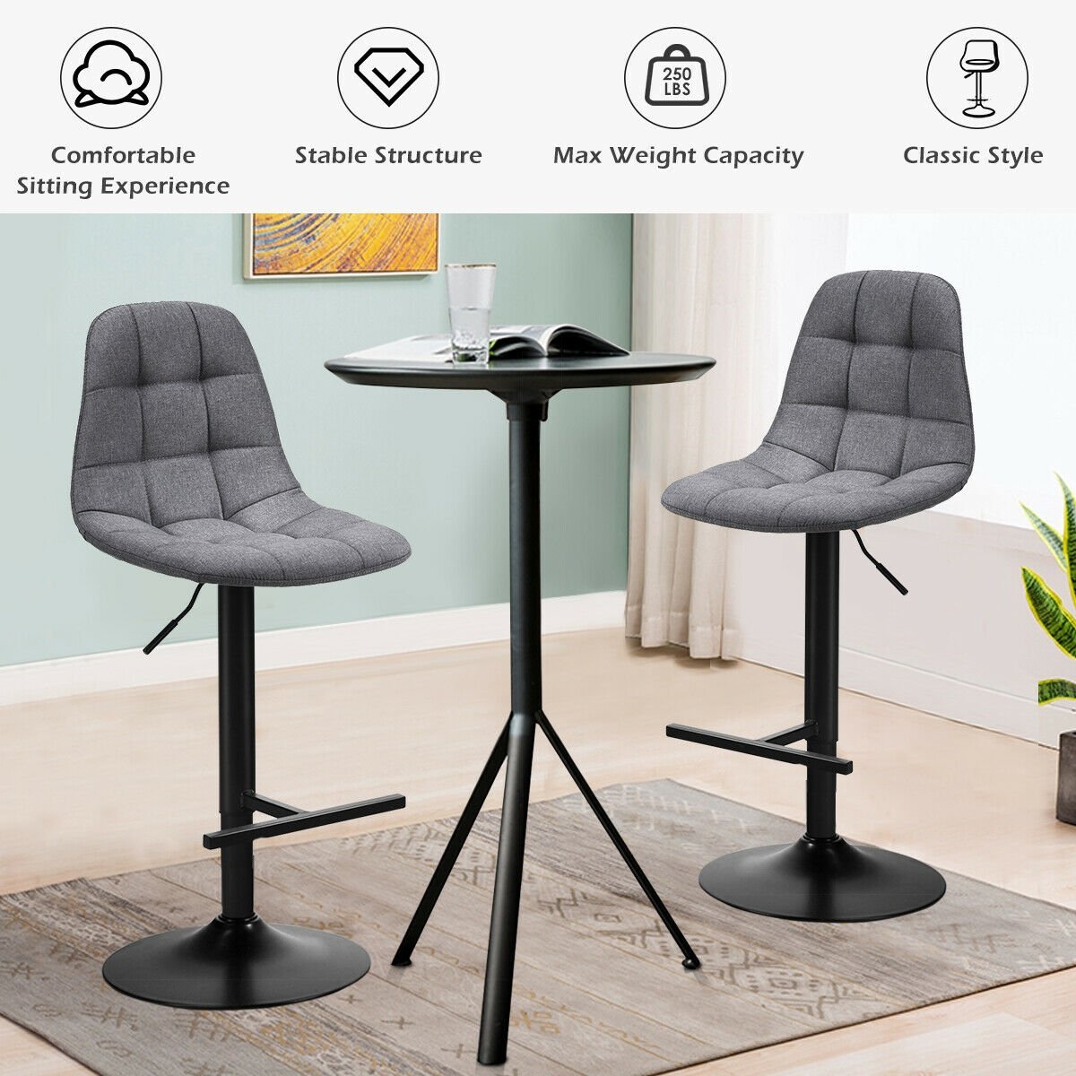 2 Pieces Adjustable Bar Stools Swivel Counter Height Linen Chairs, Gray Bar Stools   at Gallery Canada