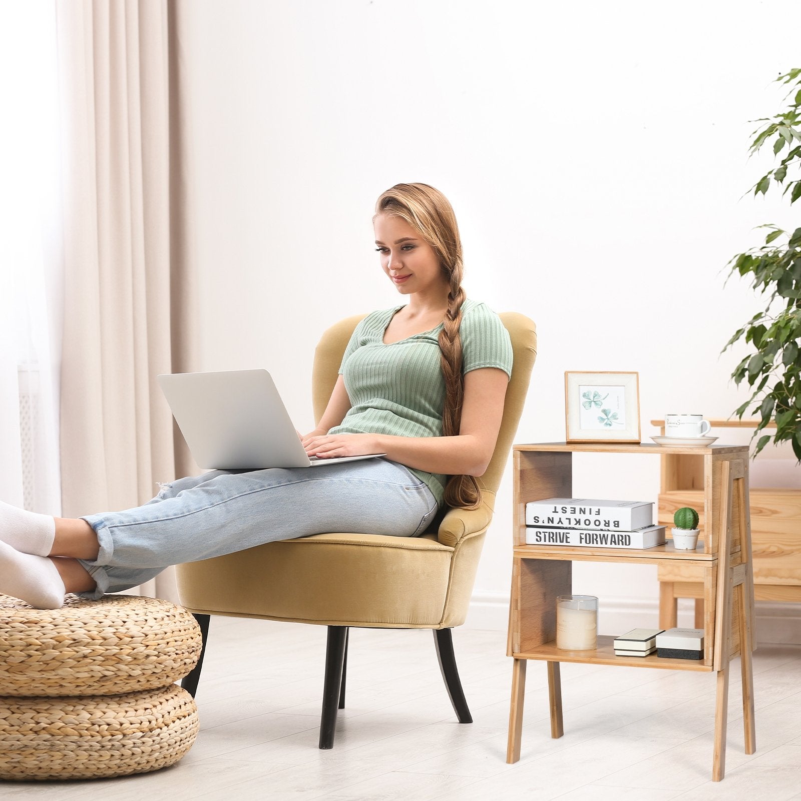 2 Pieces Bamboo Nightstand Sofa Table with Storage Shelf, Natural End & Side Tables   at Gallery Canada