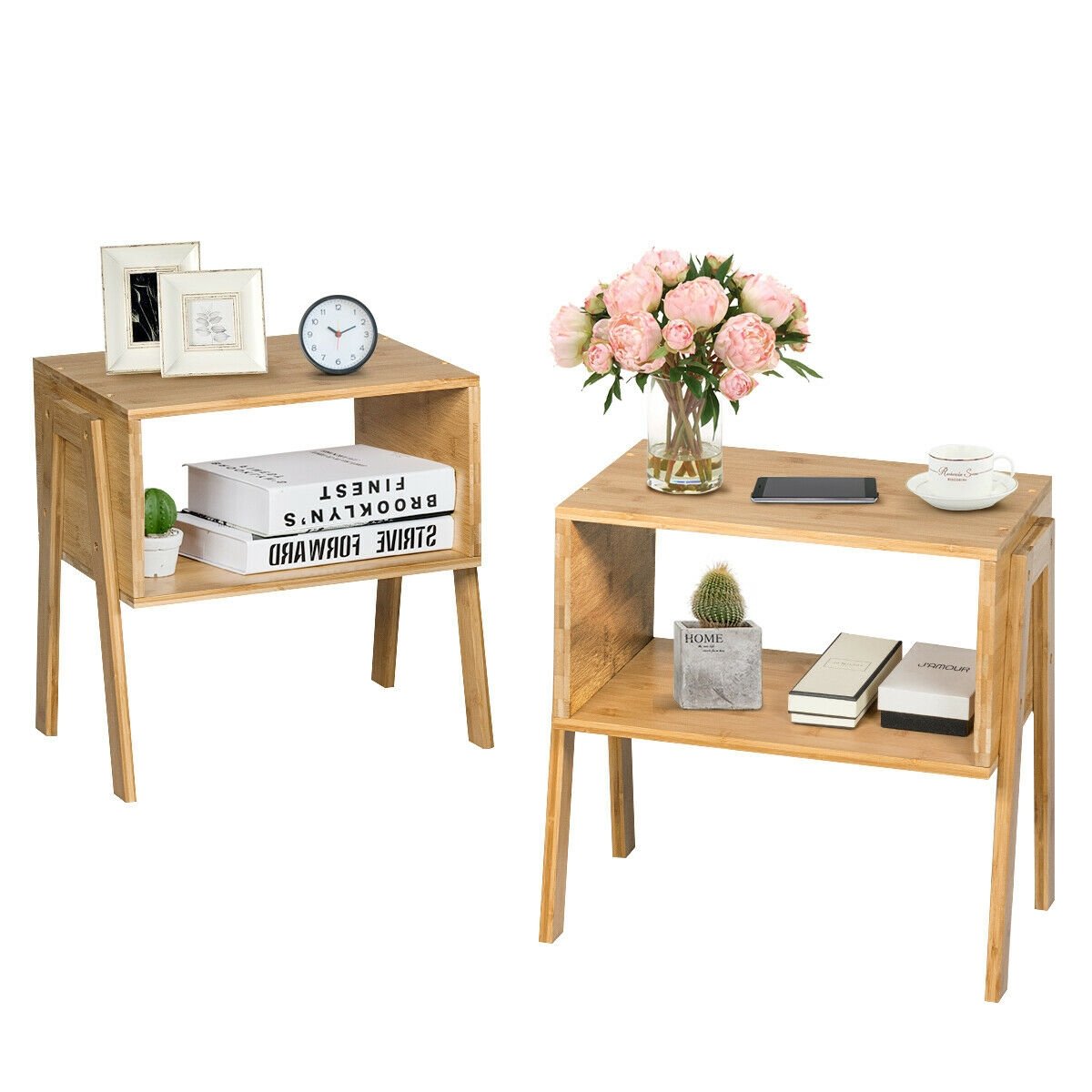 2 Pieces Bamboo Nightstand Sofa Table with Storage Shelf, Natural End & Side Tables   at Gallery Canada