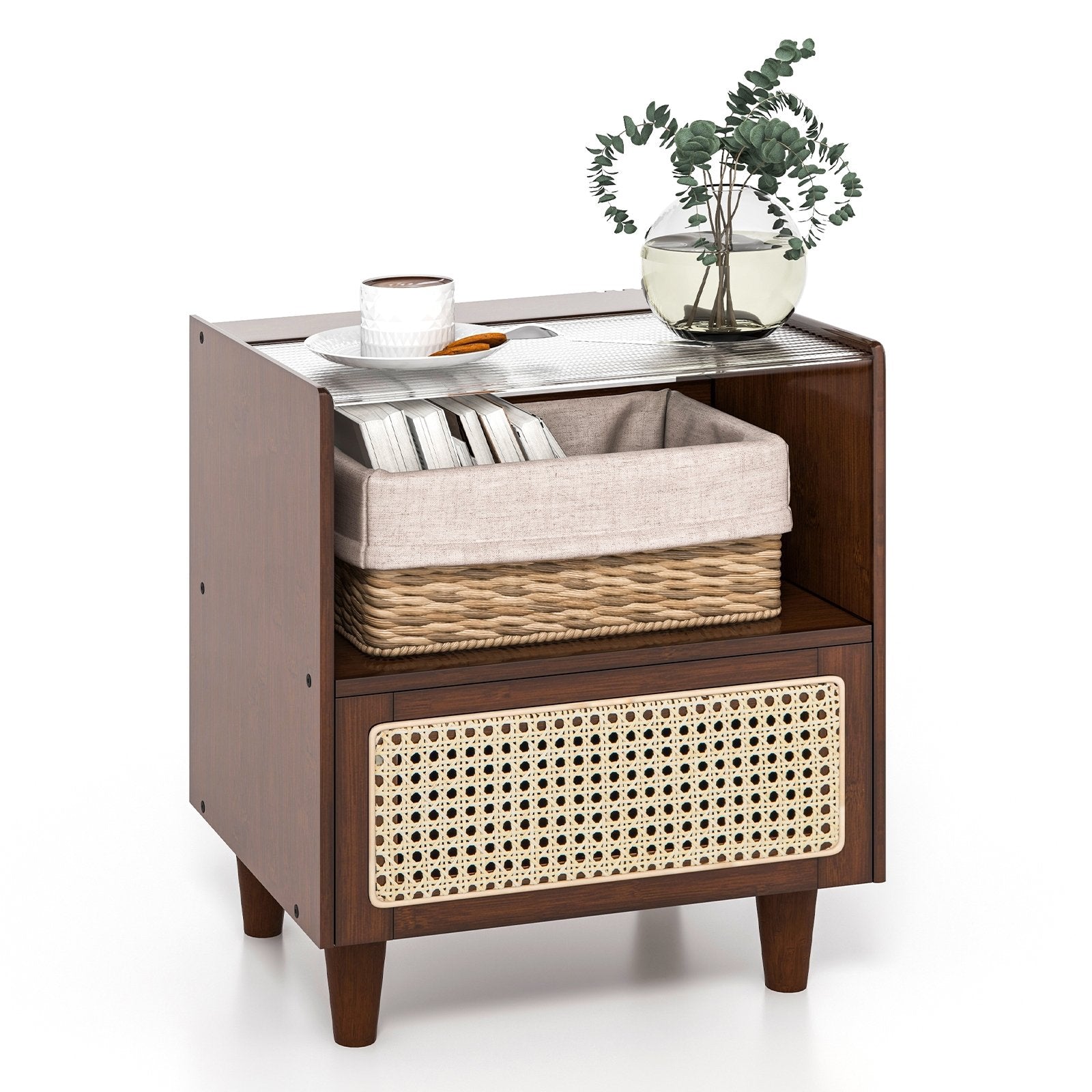 2 Pieces Bamboo Rattan Nightstand with Drawer and Solid Wood Legs, Brown Nightstands   at Gallery Canada