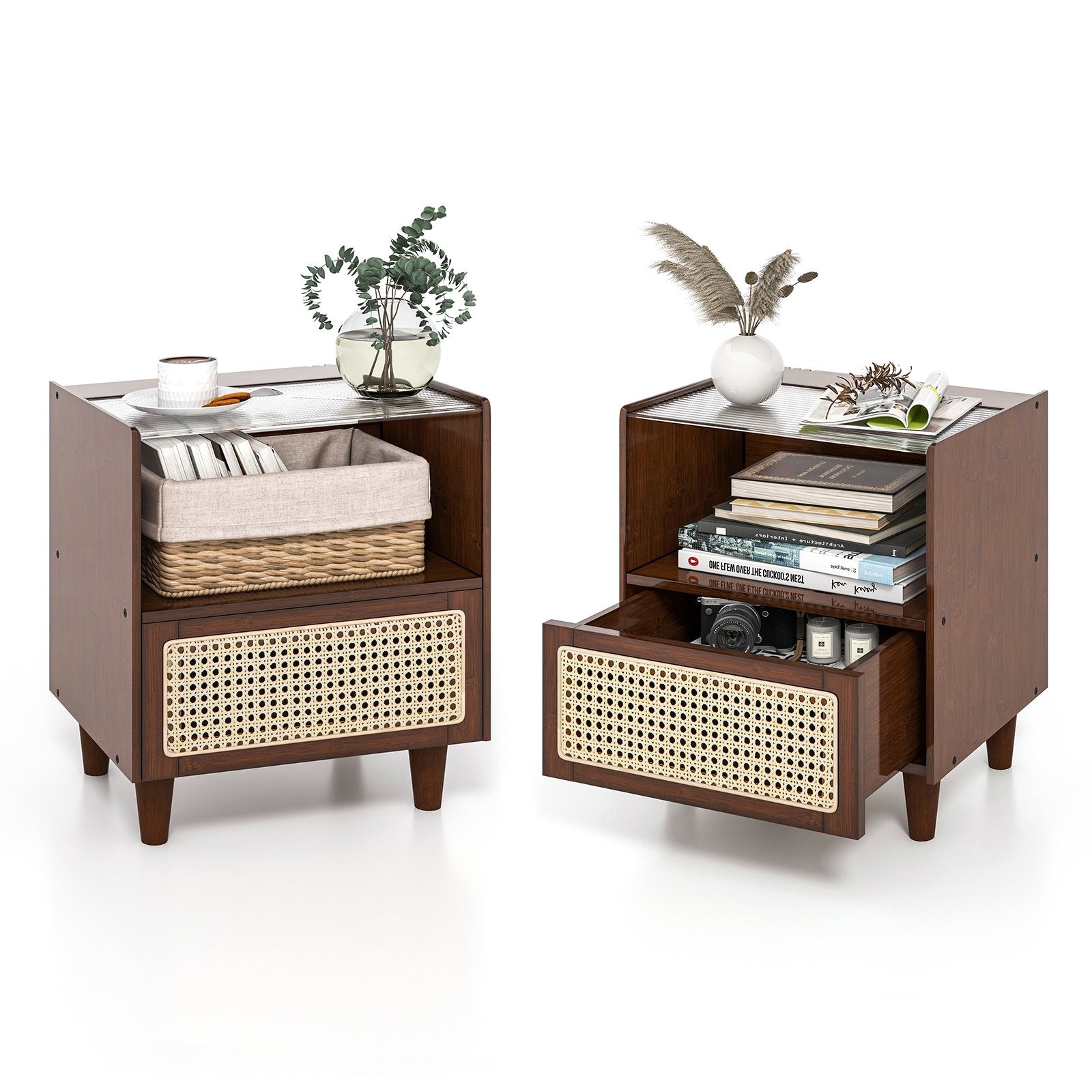 2 Pieces Bamboo Rattan Nightstand with Drawer and Solid Wood Legs, Brown Nightstands   at Gallery Canada