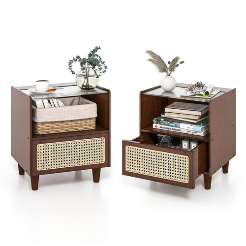 2 Pieces Bamboo Rattan Nightstand with Drawer and Solid Wood Legs, Brown