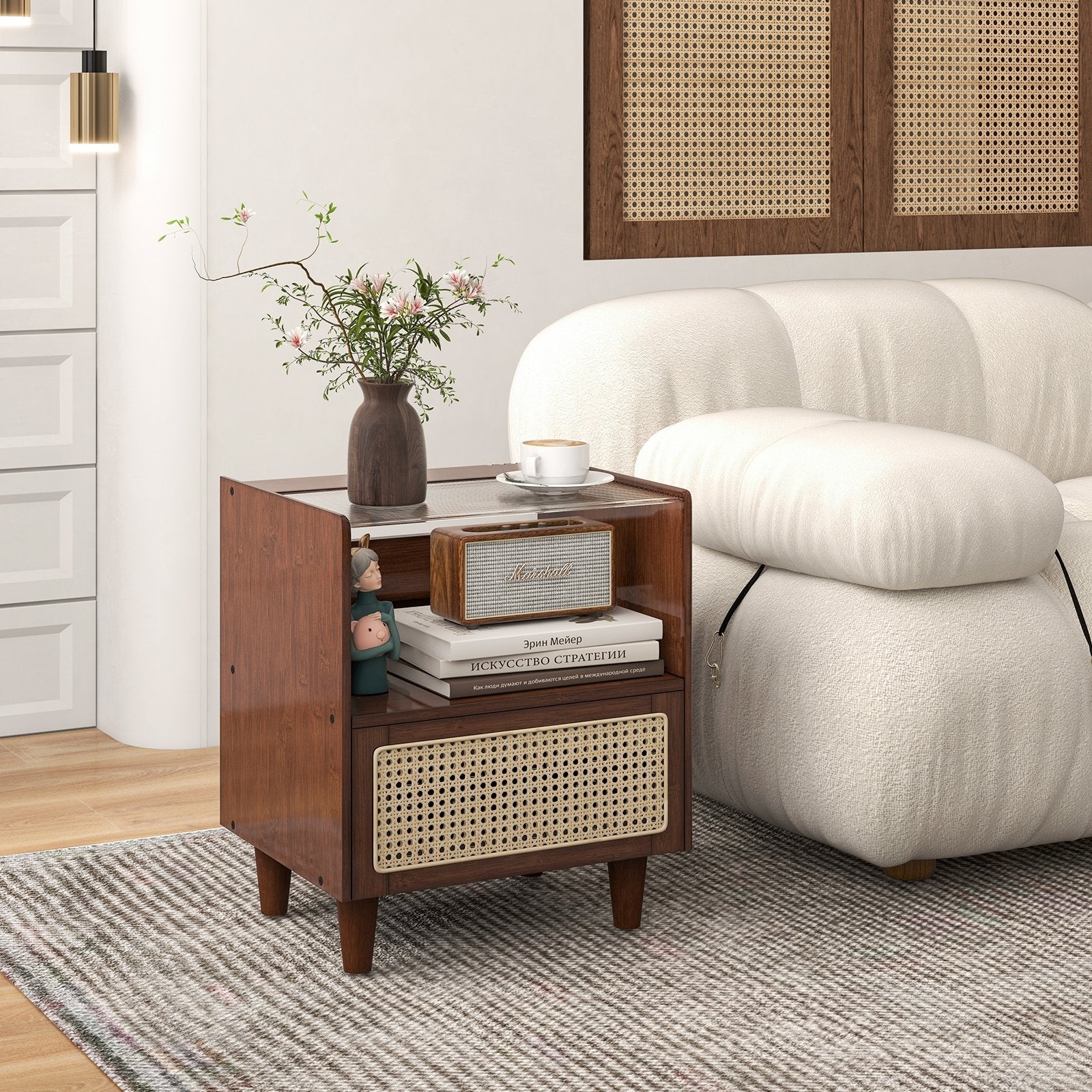 2 Pieces Bamboo Rattan Nightstand with Drawer and Solid Wood Legs, Brown Nightstands   at Gallery Canada