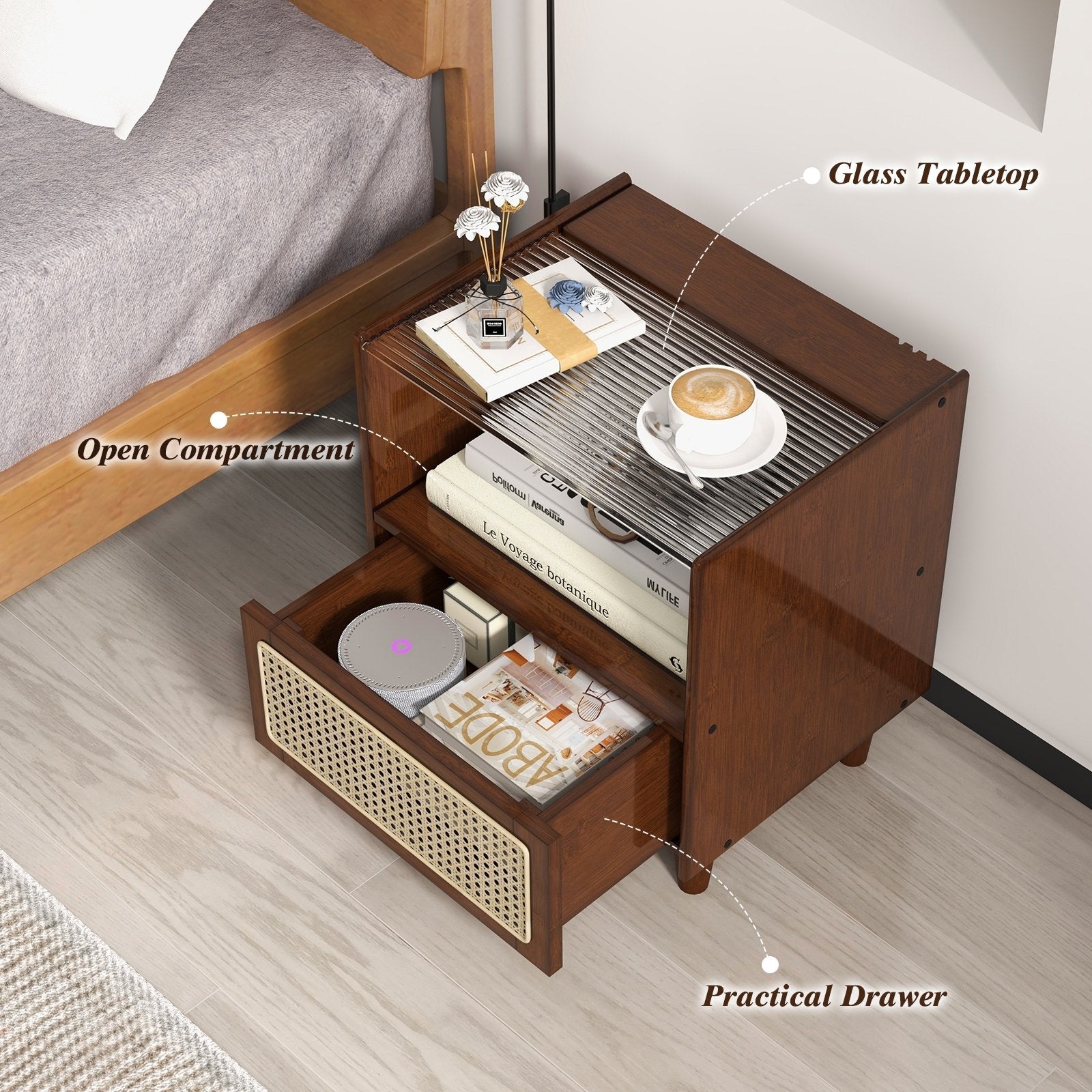 2 Pieces Bamboo Rattan Nightstand with Drawer and Solid Wood Legs, Brown Nightstands   at Gallery Canada