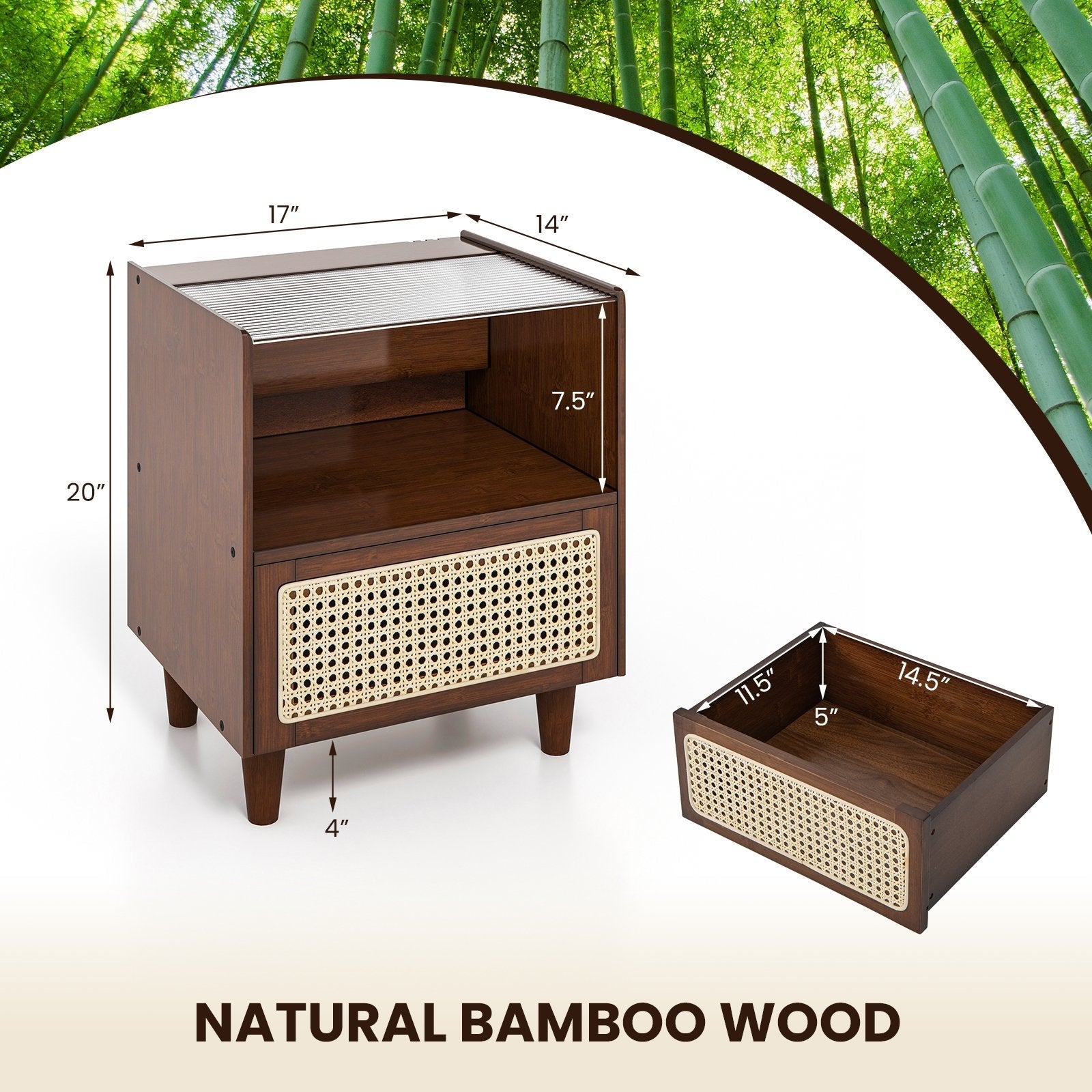 2 Pieces Bamboo Rattan Nightstand with Drawer and Solid Wood Legs, Brown Nightstands   at Gallery Canada