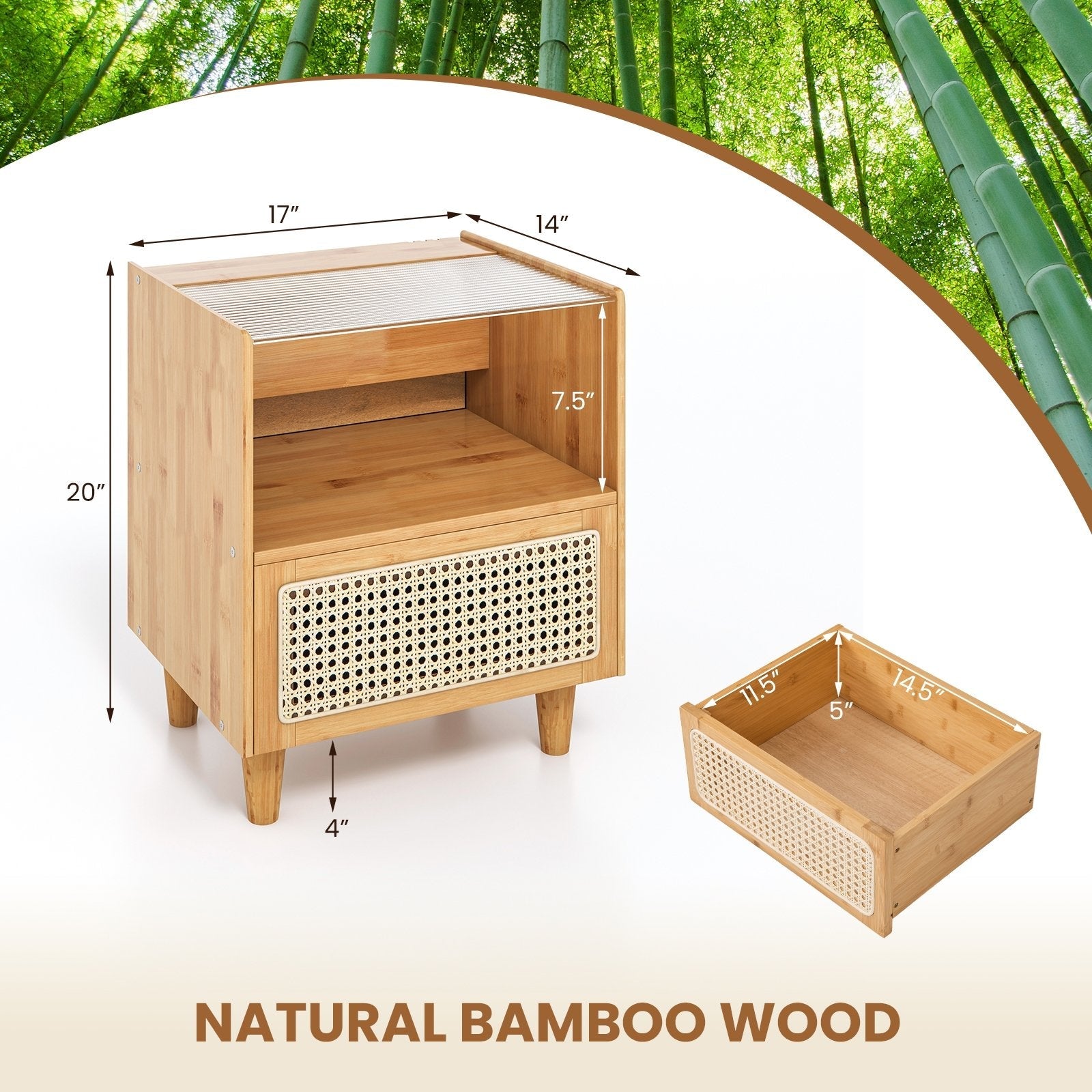 2 Pieces Bamboo Rattan Nightstand with Drawer and Solid Wood Legs, Natural Nightstands   at Gallery Canada