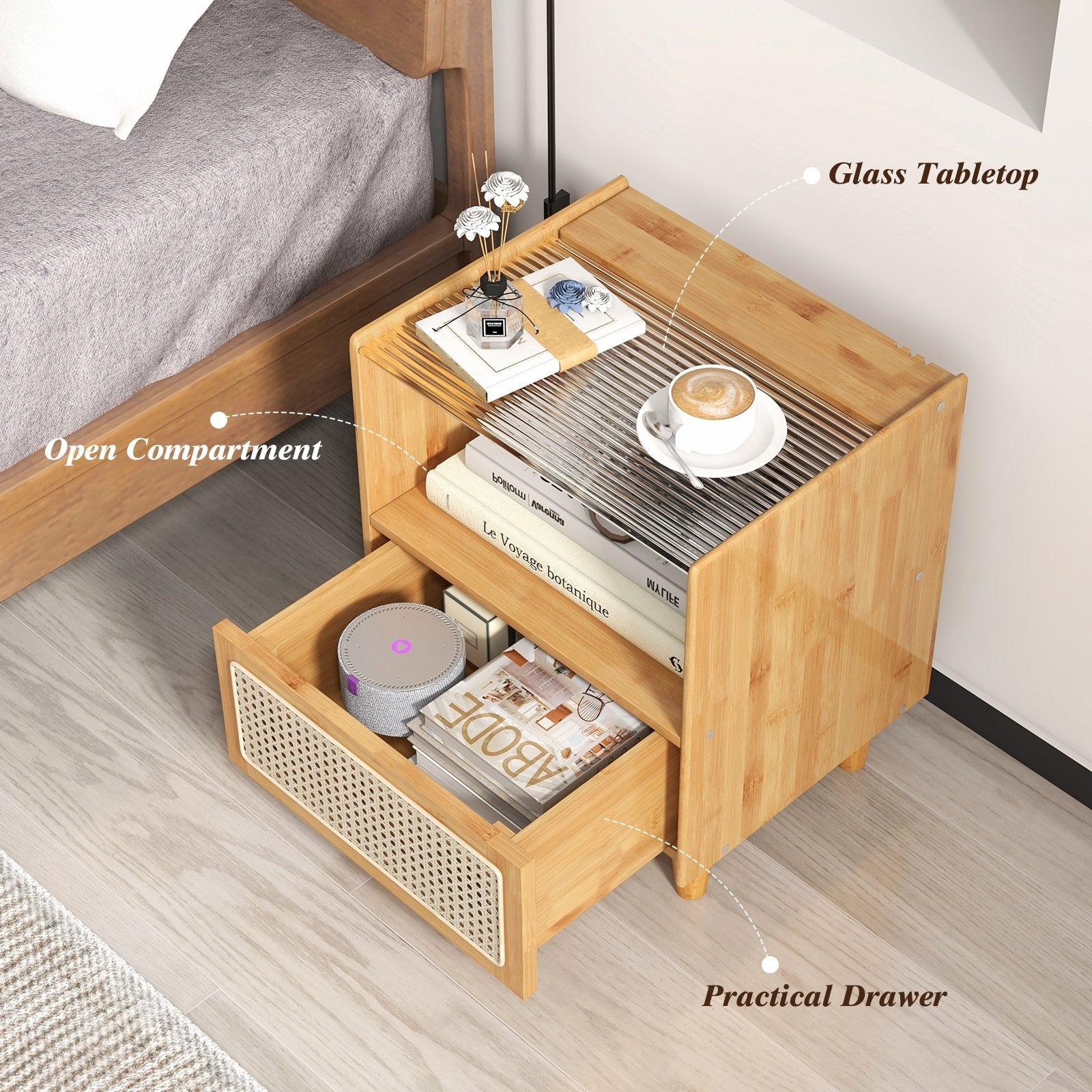 2 Pieces Bamboo Rattan Nightstand with Drawer and Solid Wood Legs, Natural Nightstands   at Gallery Canada