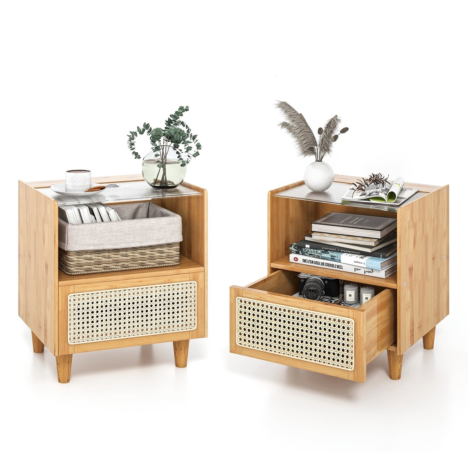 2 Pieces Bamboo Rattan Nightstand with Drawer and Solid Wood Legs, Natural Nightstands   at Gallery Canada