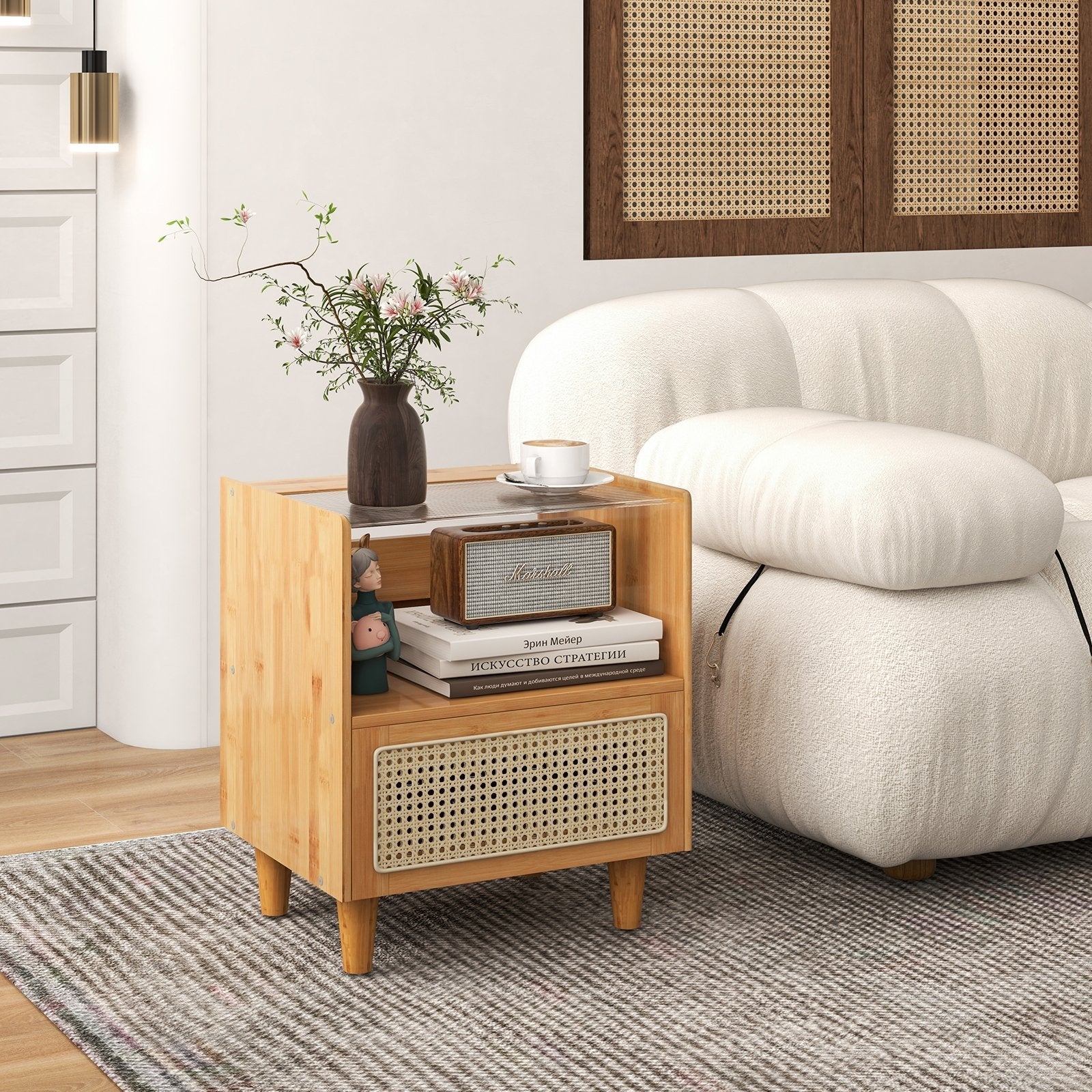 2 Pieces Bamboo Rattan Nightstand with Drawer and Solid Wood Legs, Natural Nightstands   at Gallery Canada