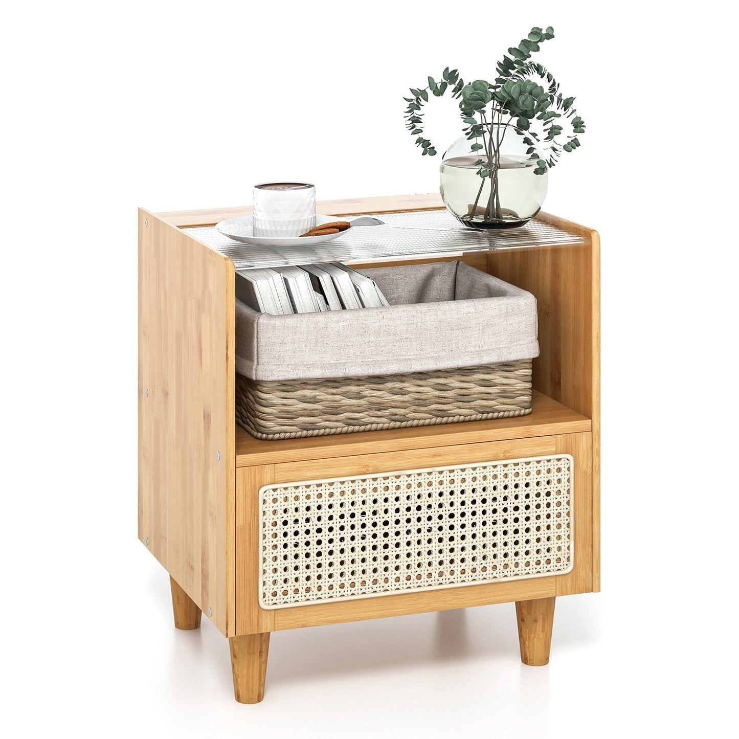 2 Pieces Bamboo Rattan Nightstand with Drawer and Solid Wood Legs, Natural Nightstands   at Gallery Canada