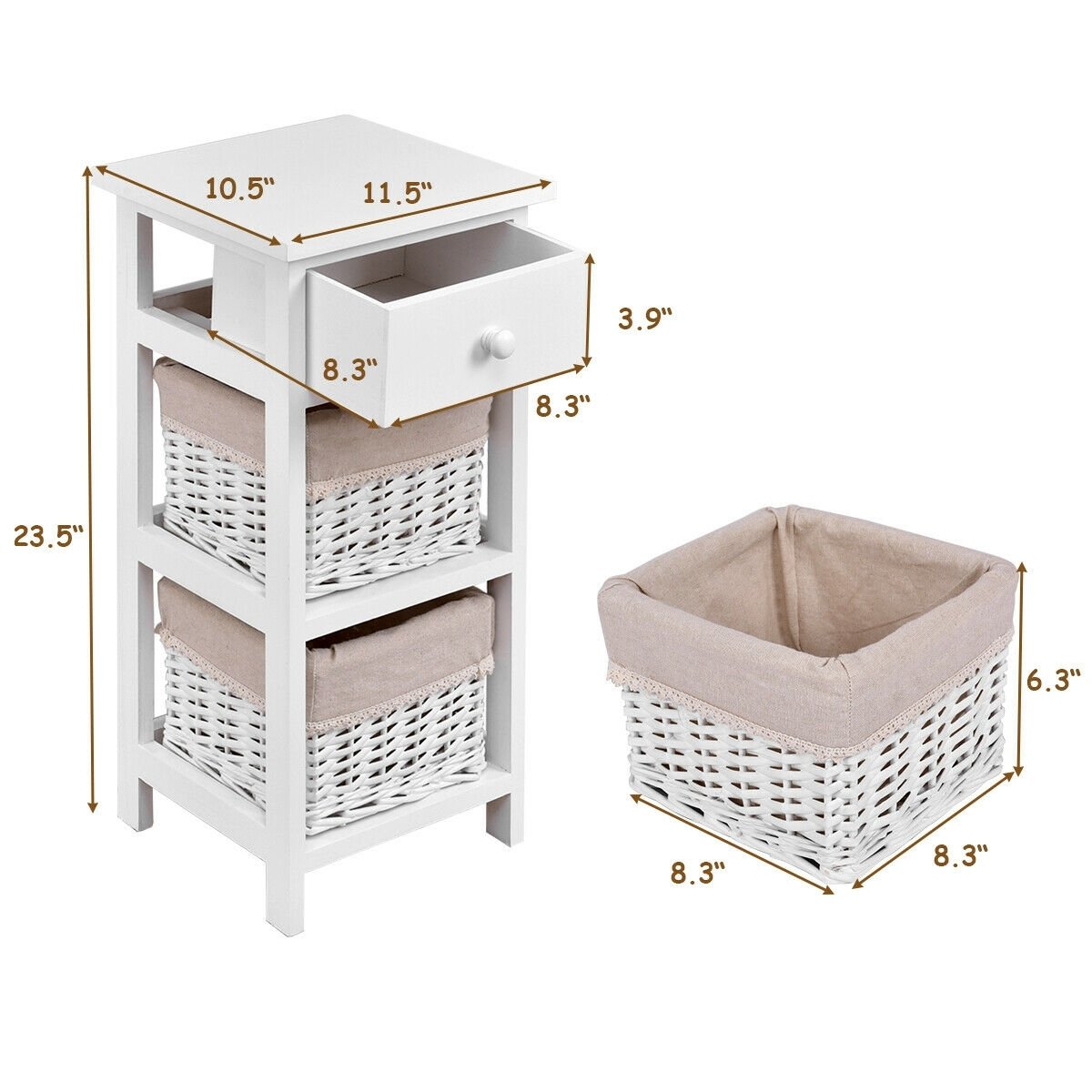 2 Pieces Bedroom Bedside End Table with Drawer Baskets, White Nightstands   at Gallery Canada