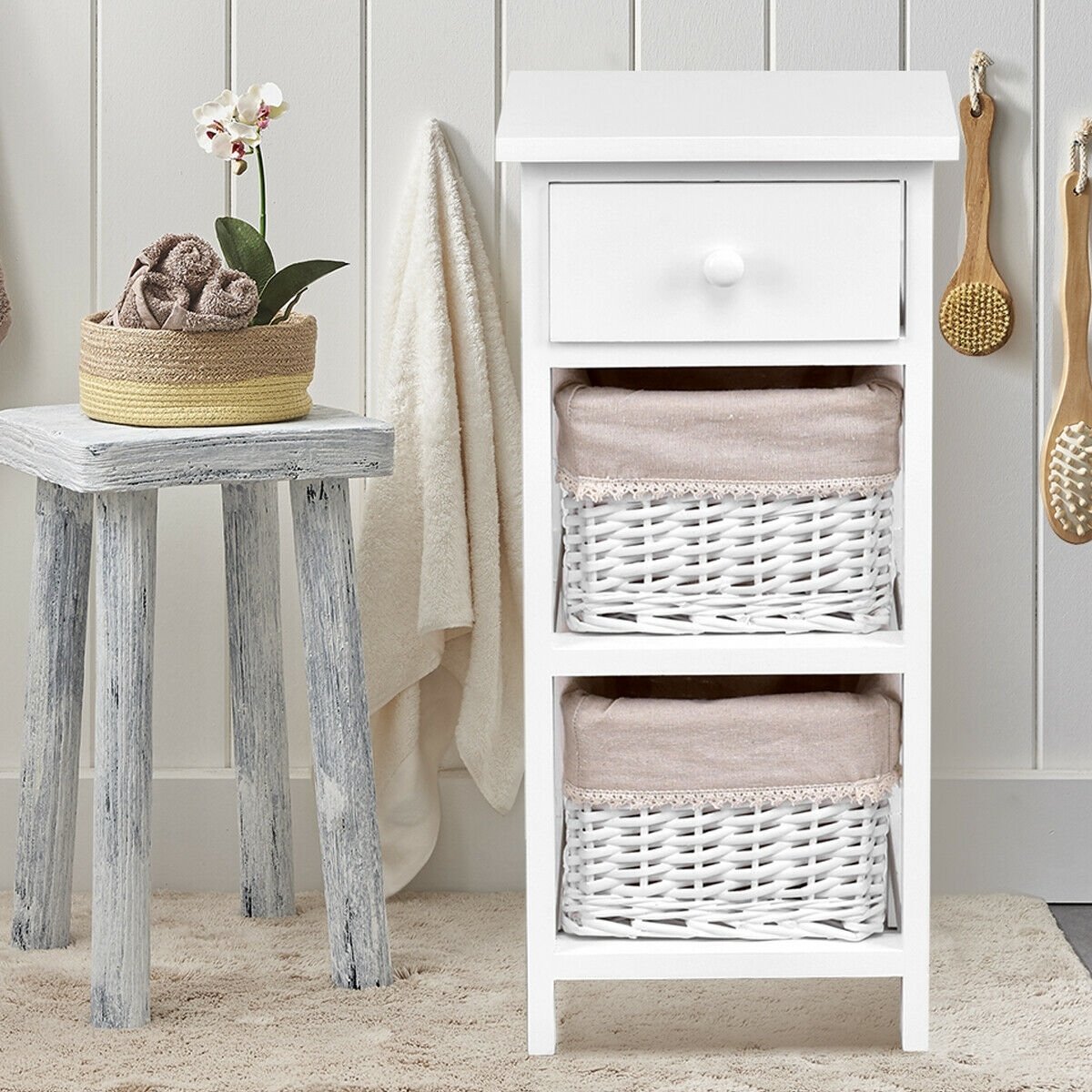 2 Pieces Bedroom Bedside End Table with Drawer Baskets, White Nightstands   at Gallery Canada