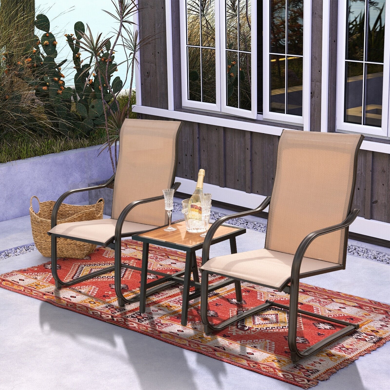 2 Pieces C-Spring Motion Patio Dining Chairs with Breathable Fabric, Brown Patio Dining Chairs   at Gallery Canada