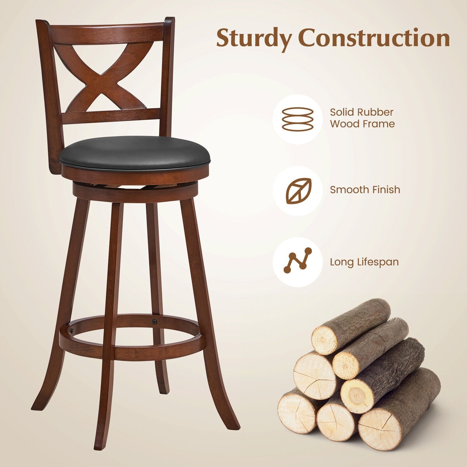 2 Pieces Classic Counter Height Swivel Bar Stool Set with X-shaped Open Back-L, Brown Bar Stools   at Gallery Canada