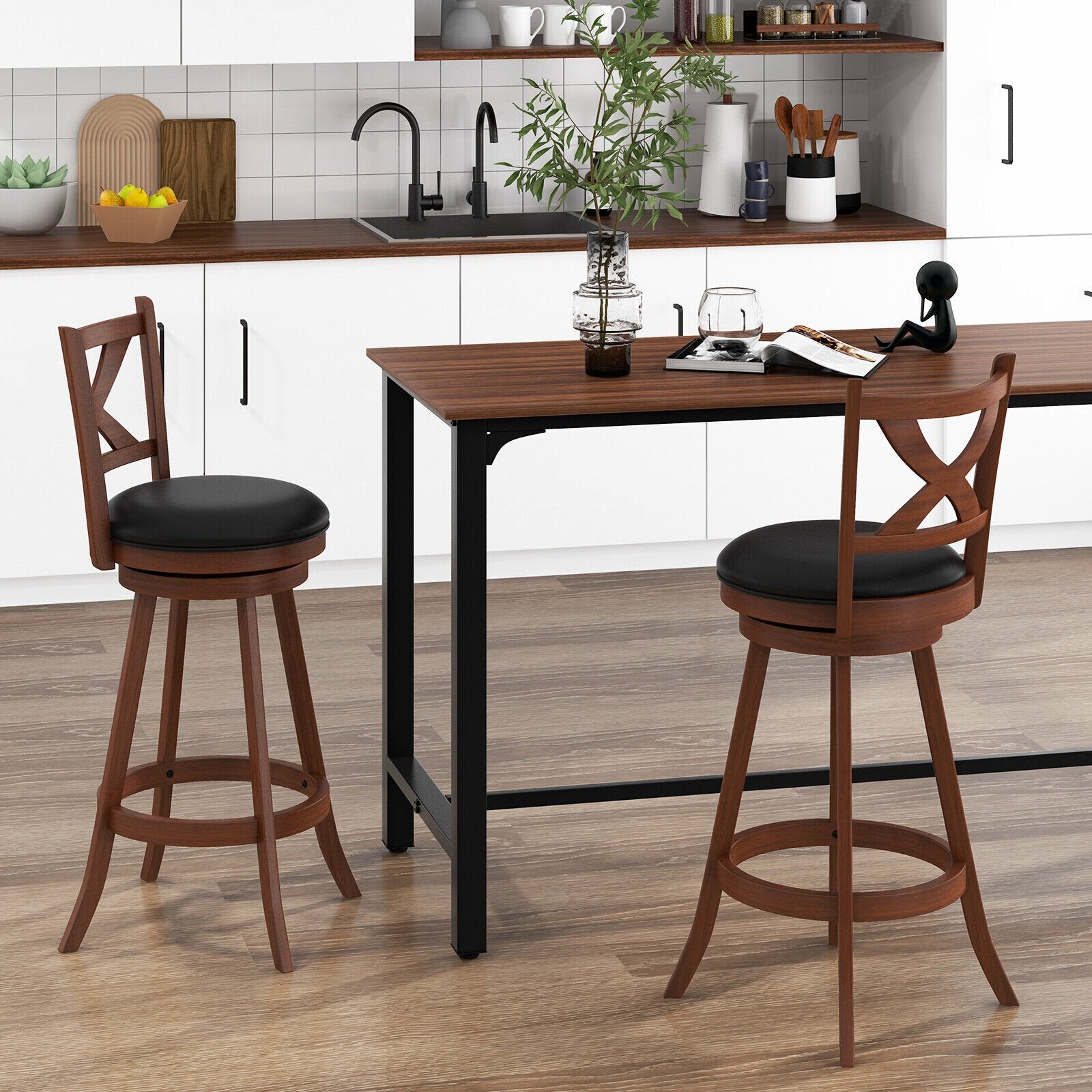 2 Pieces Classic Counter Height Swivel Bar Stool Set with X-shaped Open Back-L, Brown Bar Stools   at Gallery Canada