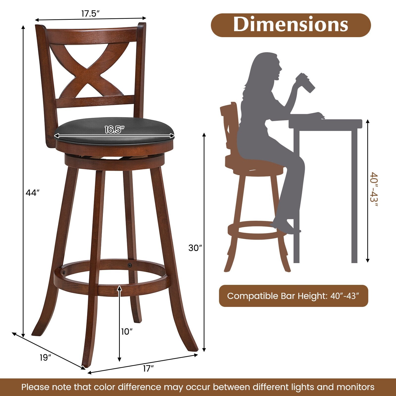 2 Pieces Classic Counter Height Swivel Bar Stool Set with X-shaped Open Back-L, Brown Bar Stools   at Gallery Canada